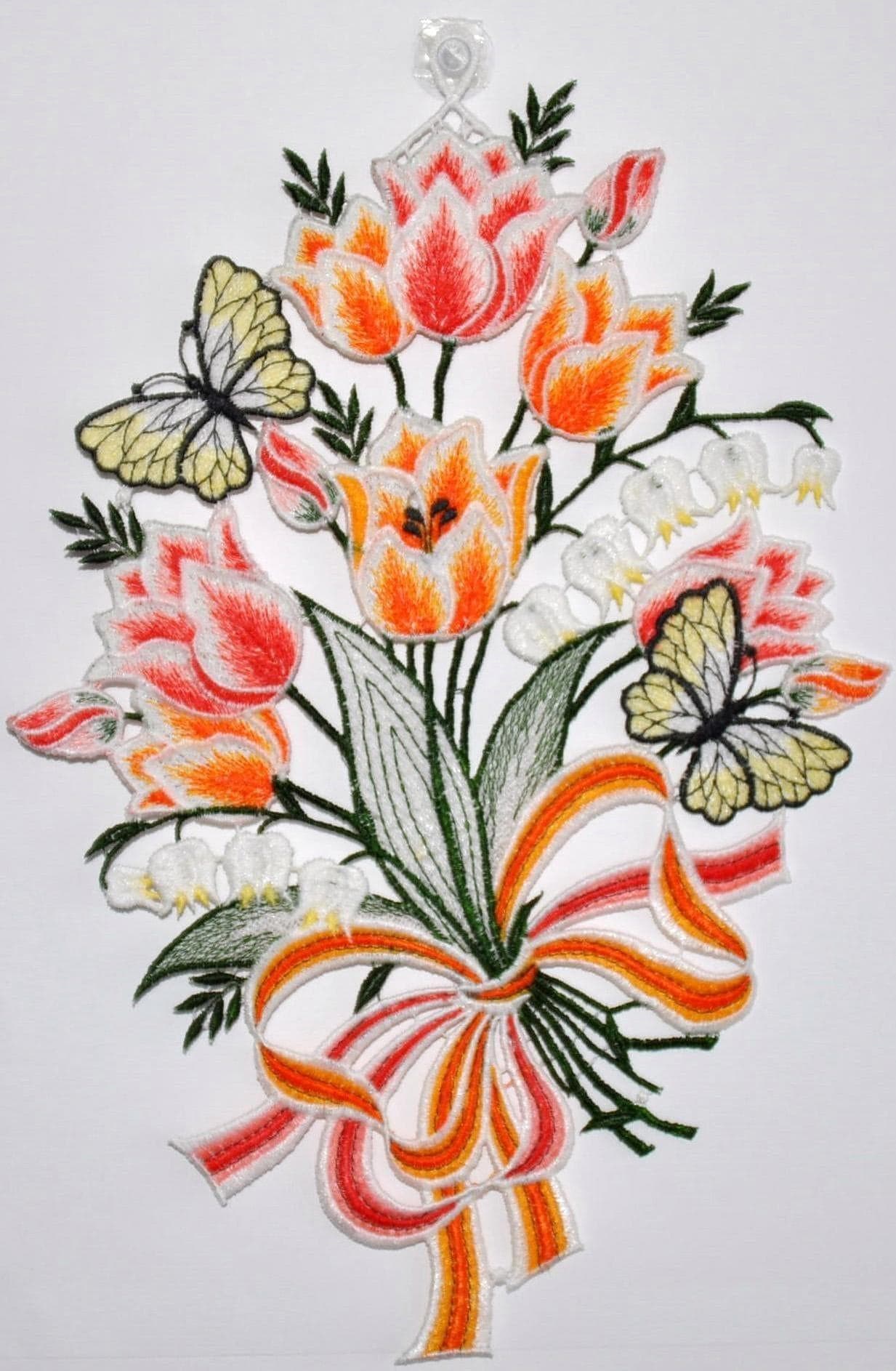 Stickereien Plauen Fensterbild Blüten Bunt Polyester