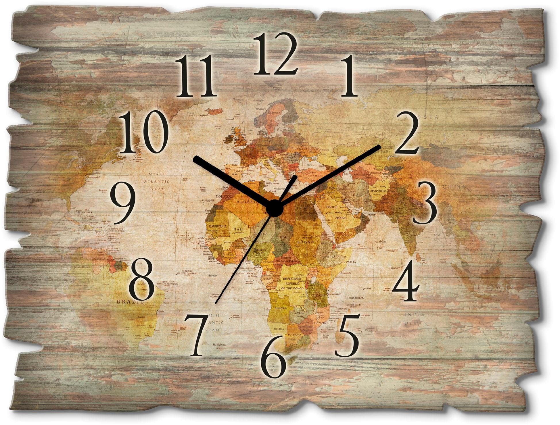 Artland Wanduhr Weltkarte: Lautlose Birkenholz-Uhr mit Quarz- oder Funkuhrwerk