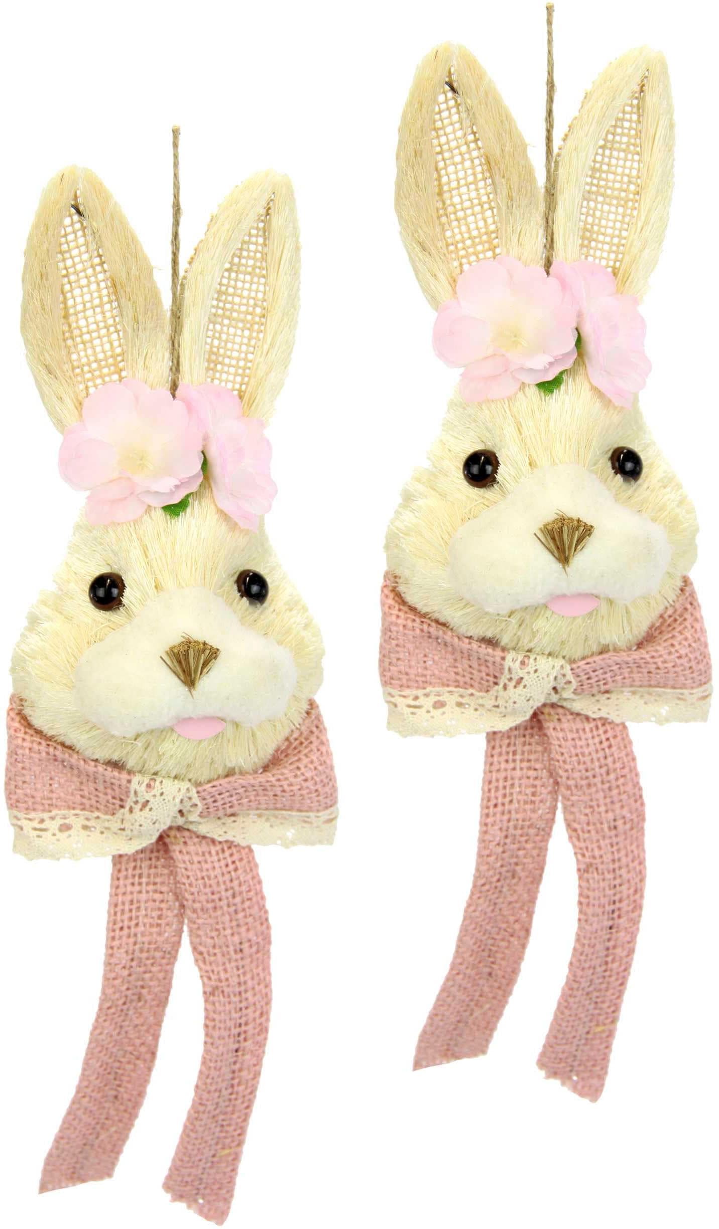 I.GE.A. Osterhase Bast-Hasenkopf mit Blume und Schleife Beige/Rosa