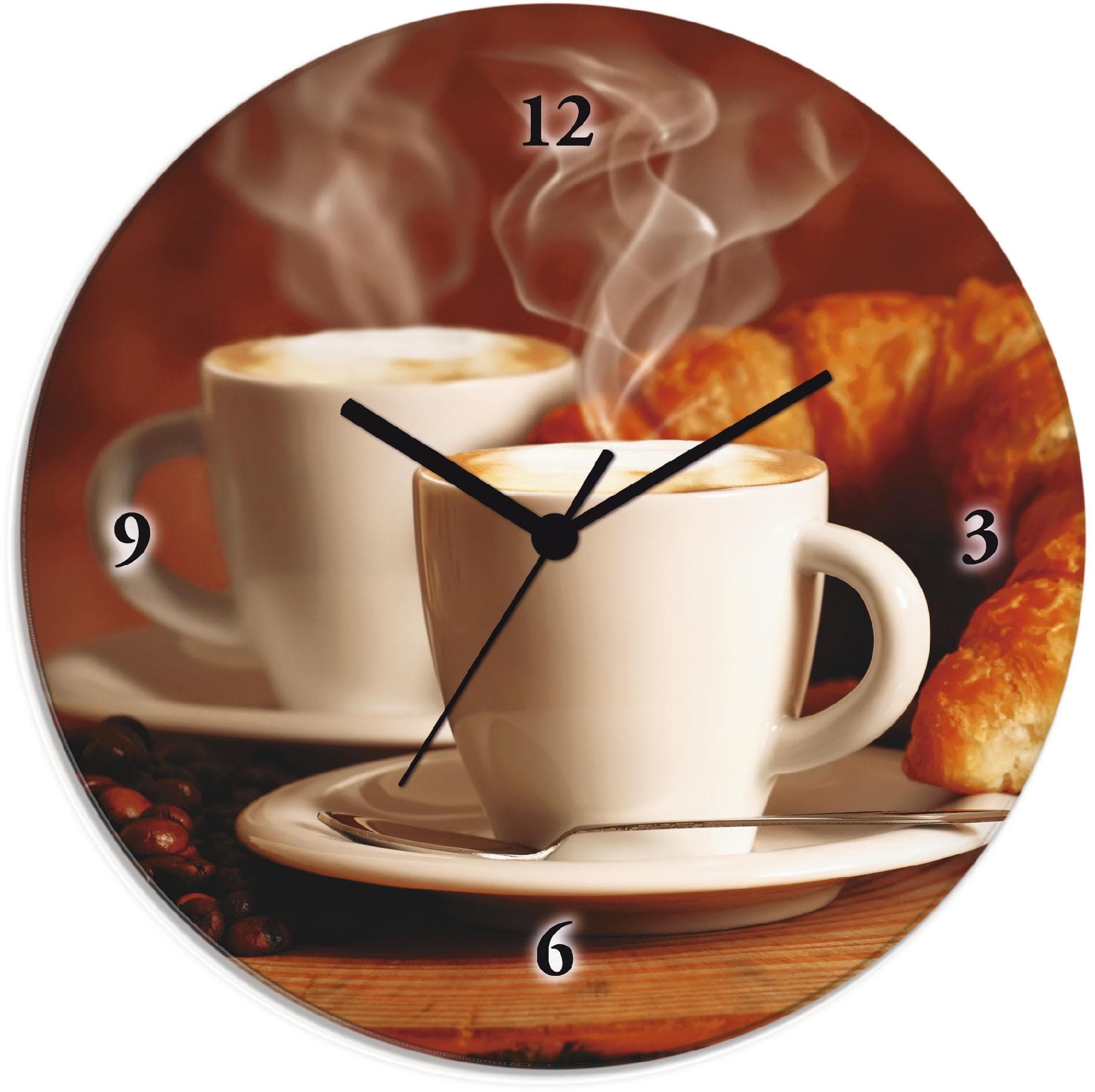 ARTLAND Wanduhr "Dampfender Cappuccino und Croissant" Braun Glas