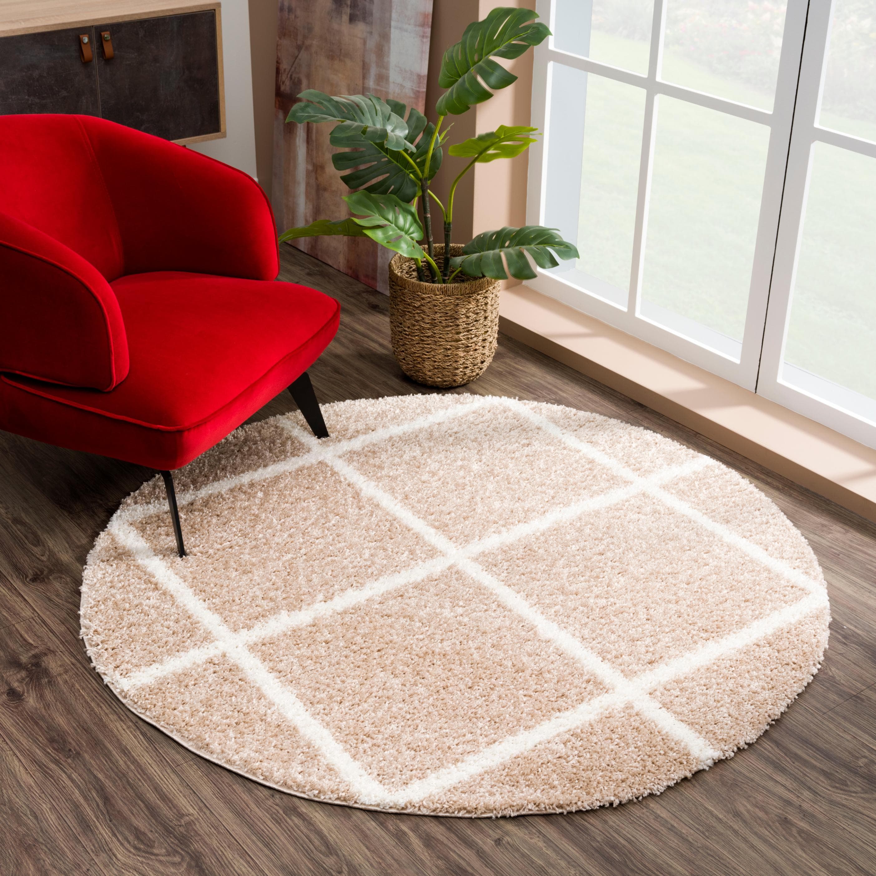 SANAT Madrid Hochflor-Teppich Beige Rund 120cm