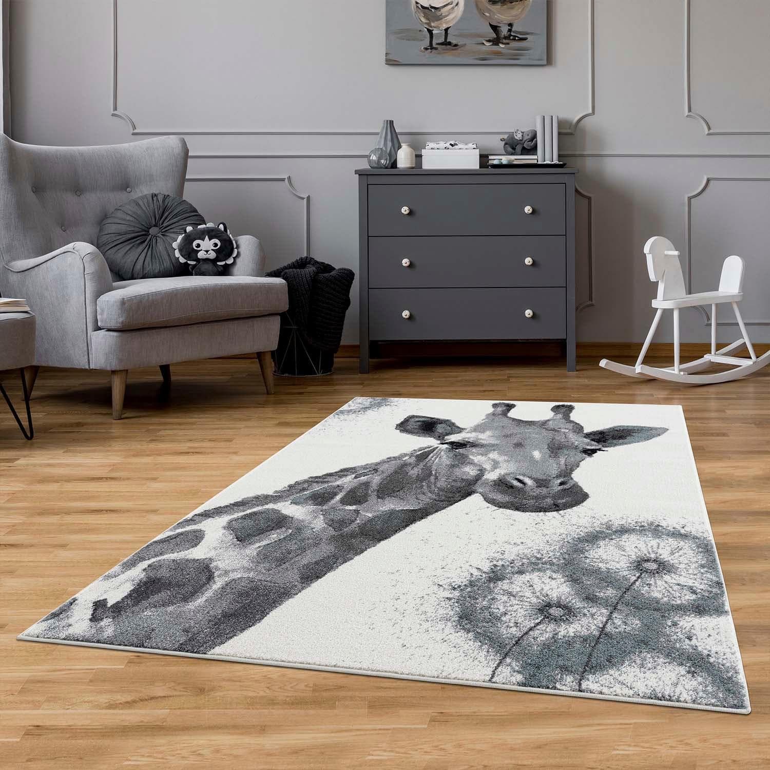 CARPET CITY Kinderteppich Savanna 9370 Giraffe Beige Grau Kurzflor