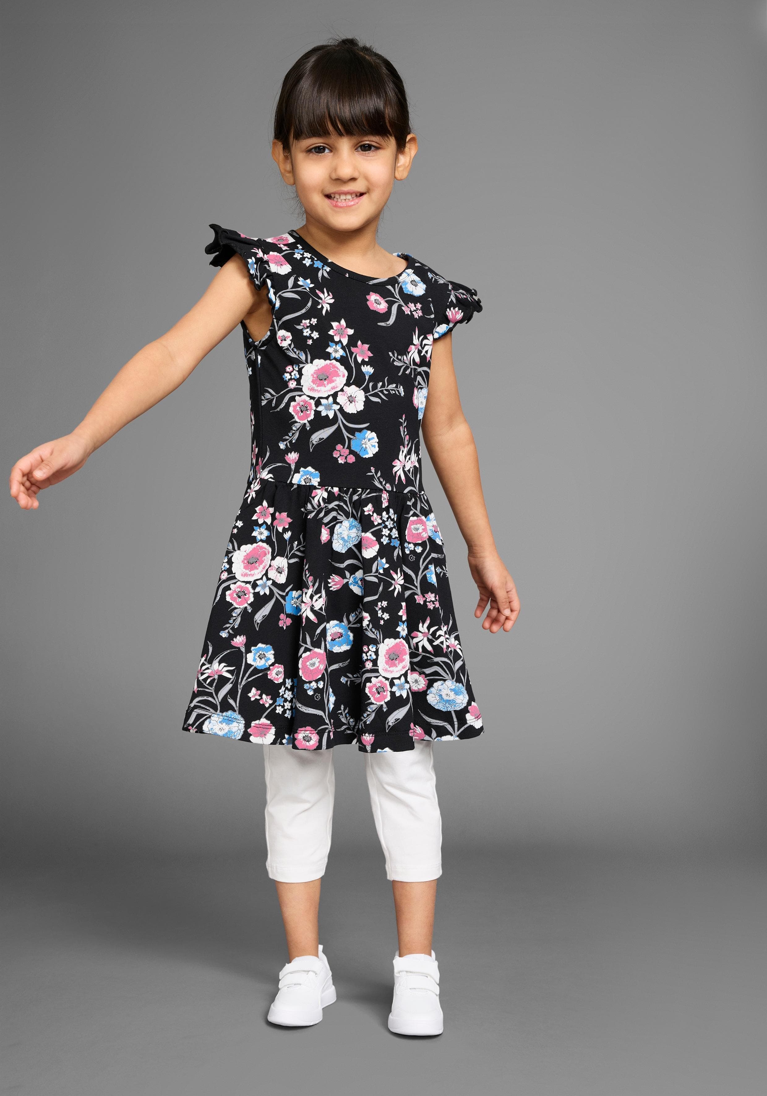KIDSWORLD Jerseykleid Mädchen schwarz geblümt Flügelärmel