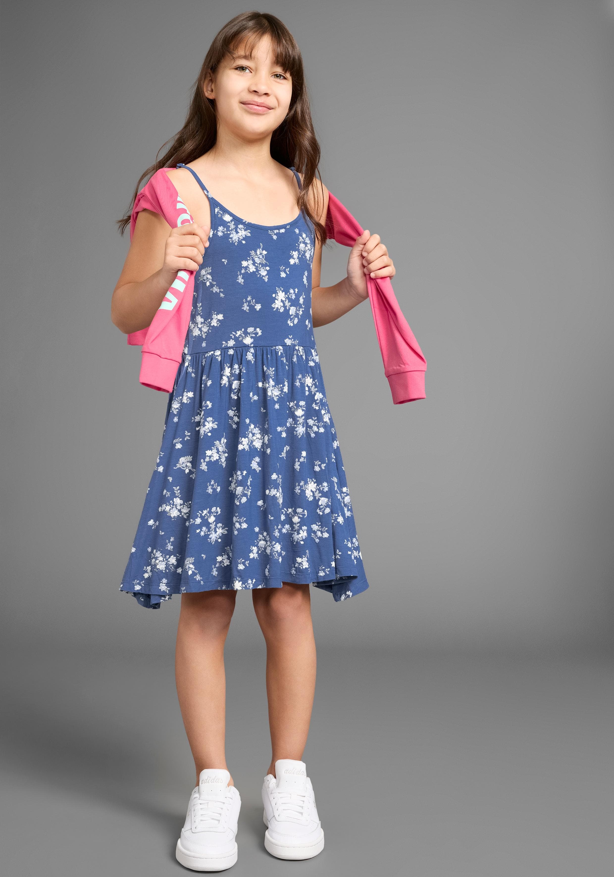 KIDSWORLD Jerseykleid Mädchen blau geblümt mit verstellbaren Trägern