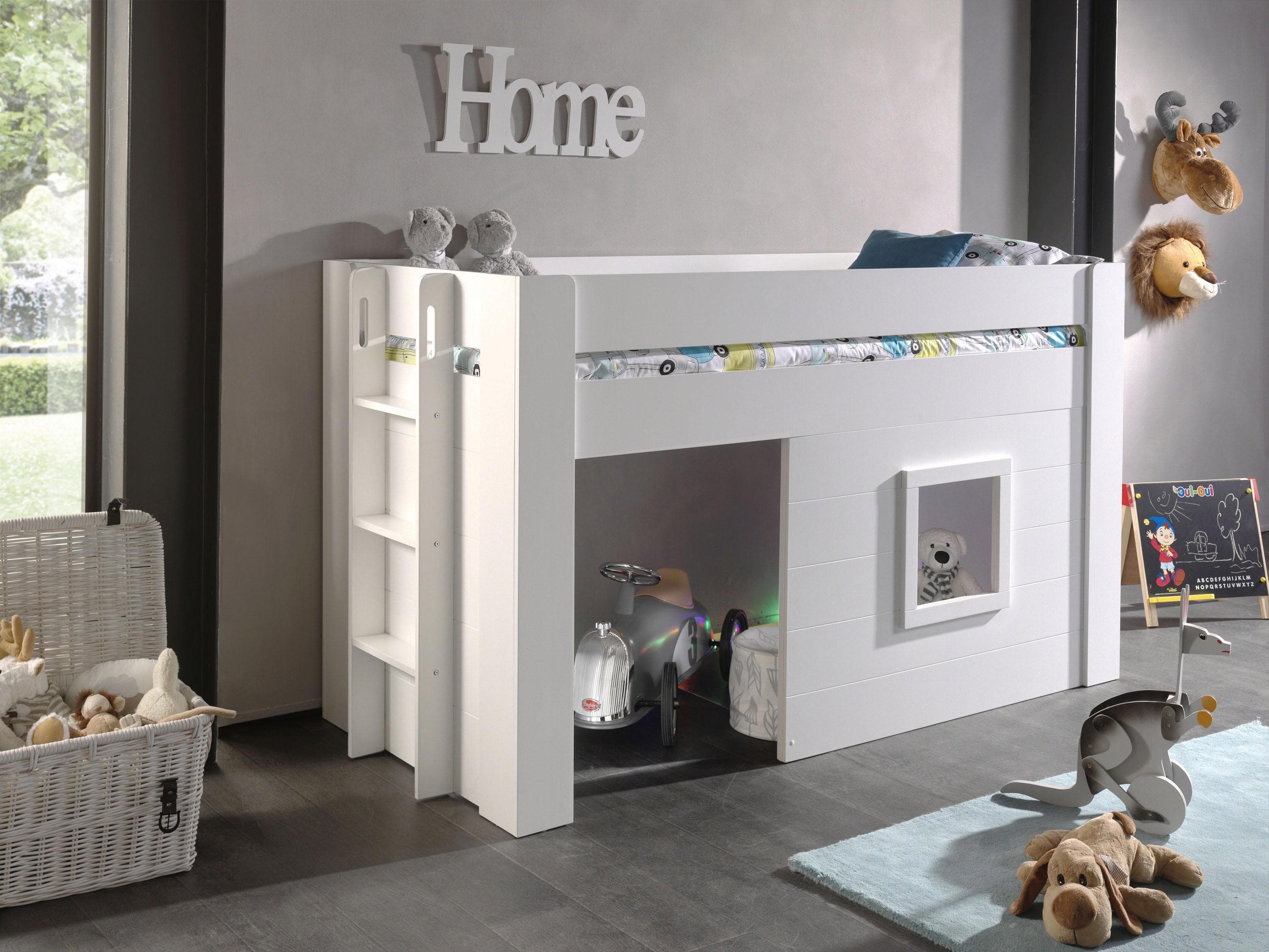 VIPACK Hochbett Noah Weiß mit Rolllattenrost Hütten-Optik