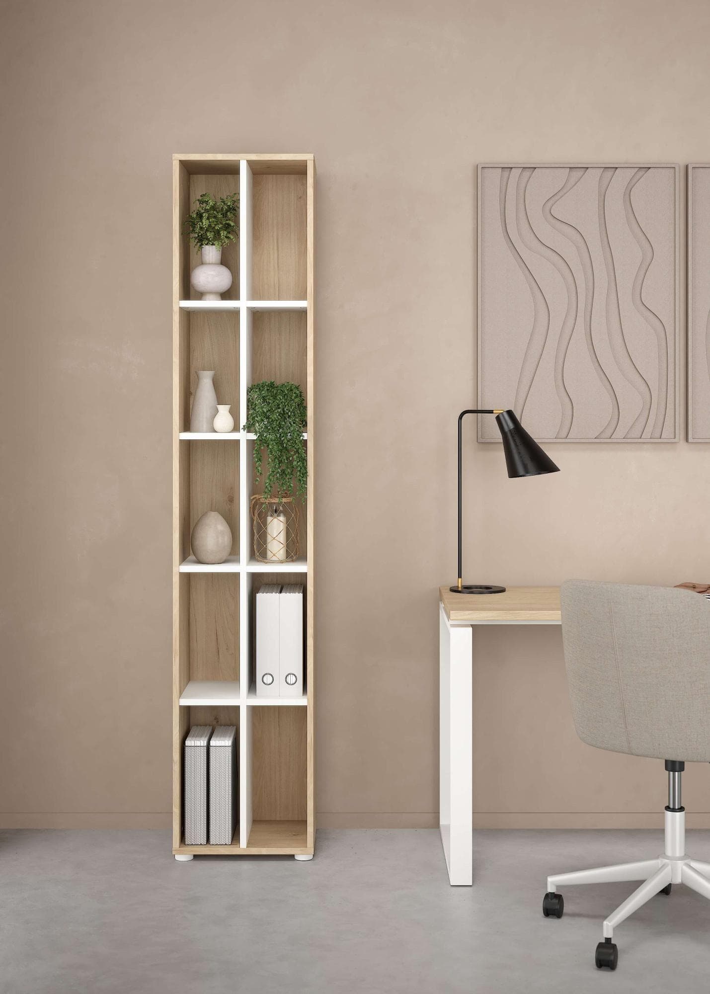 Schmales Akten- und Bücherregal mit Trennwand und Einlegeböden