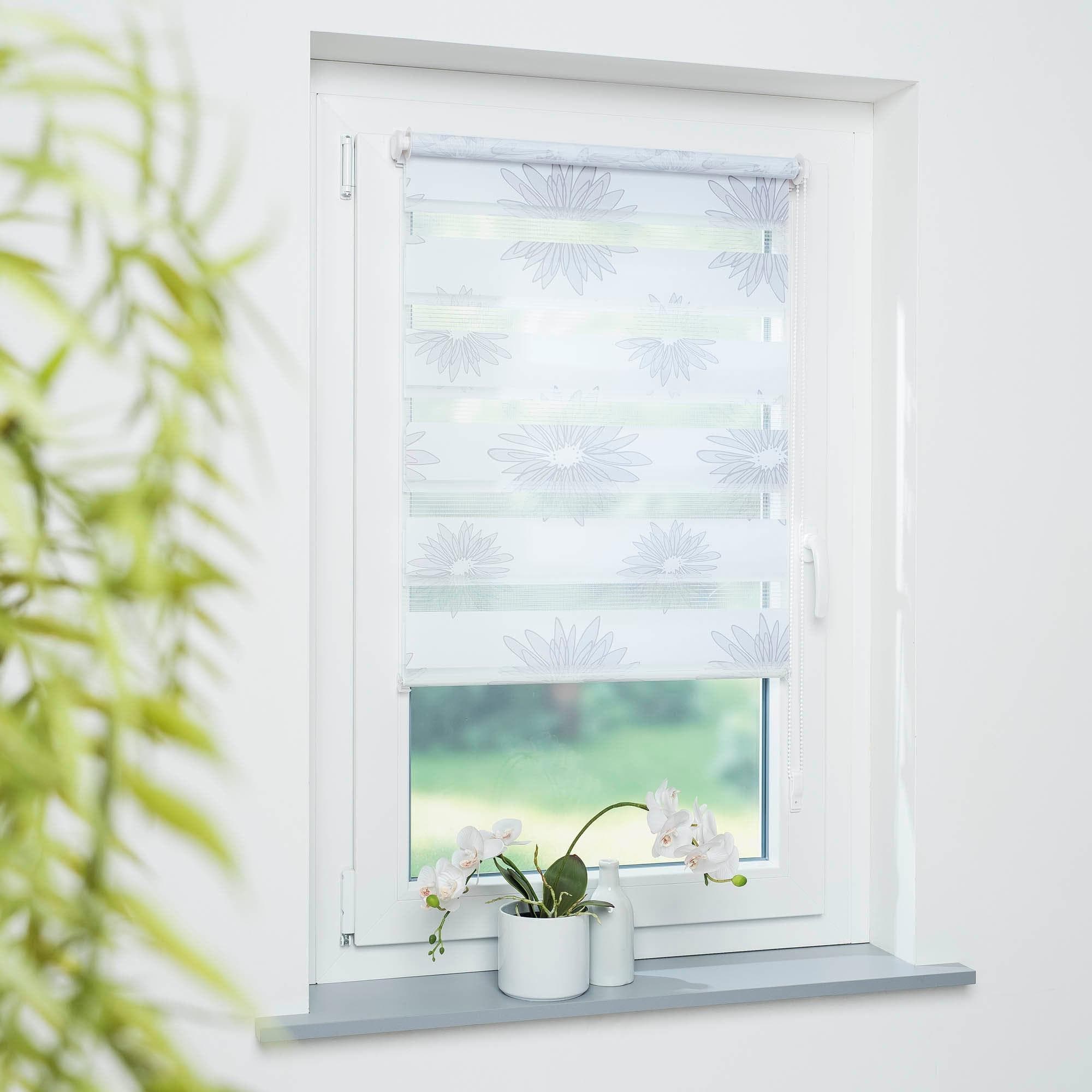 GARESA Doppelrollo Blüte Grau Weiß Klemmfix Freihängend