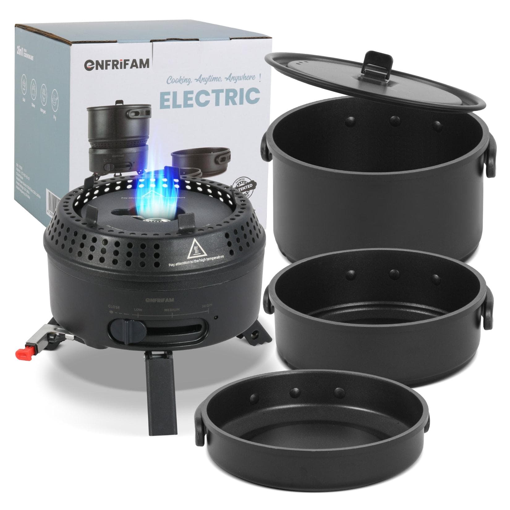 ENFRIFAM Topf-Set Campingkocher Aluminium 700W Elektrisch 2200W Gas