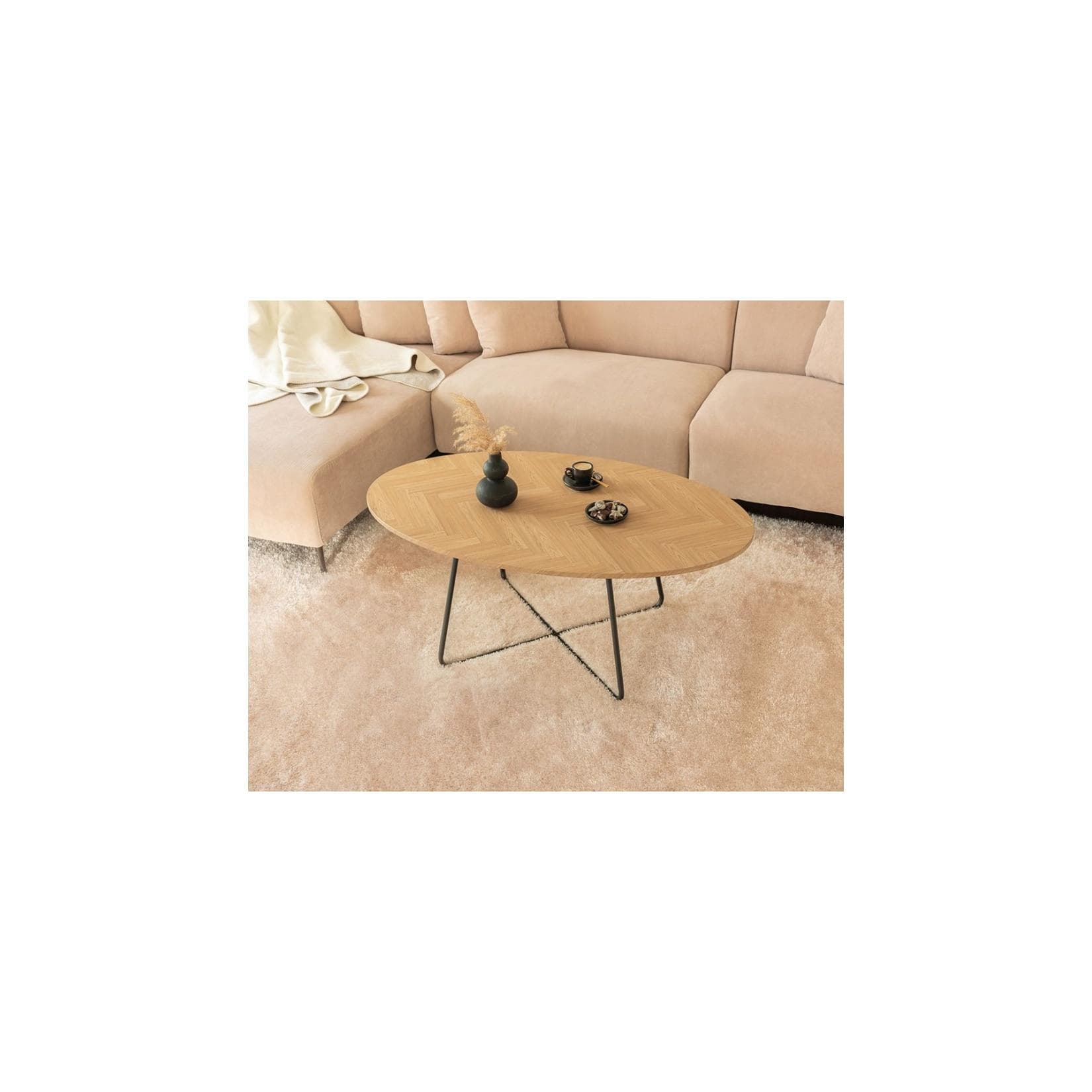 Home Deluxe Couchtisch Oval NOVARIS Fishbone Oak MDF