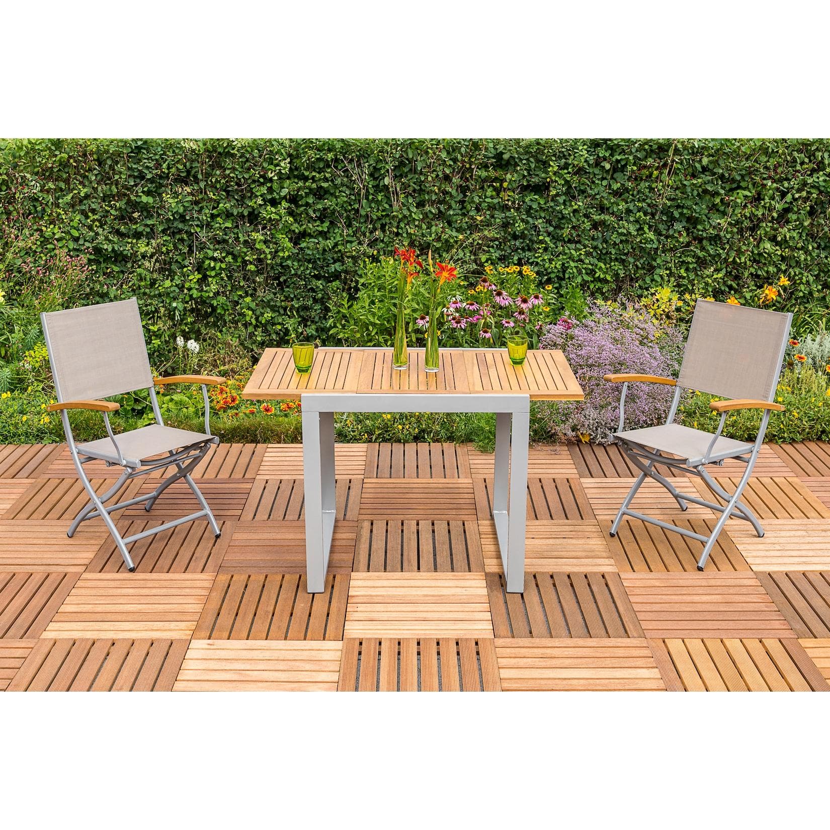 Merxx Naxos Set 3tlg. Balkonausziehtisch mit Klappsesseln und Aluminiumgestell