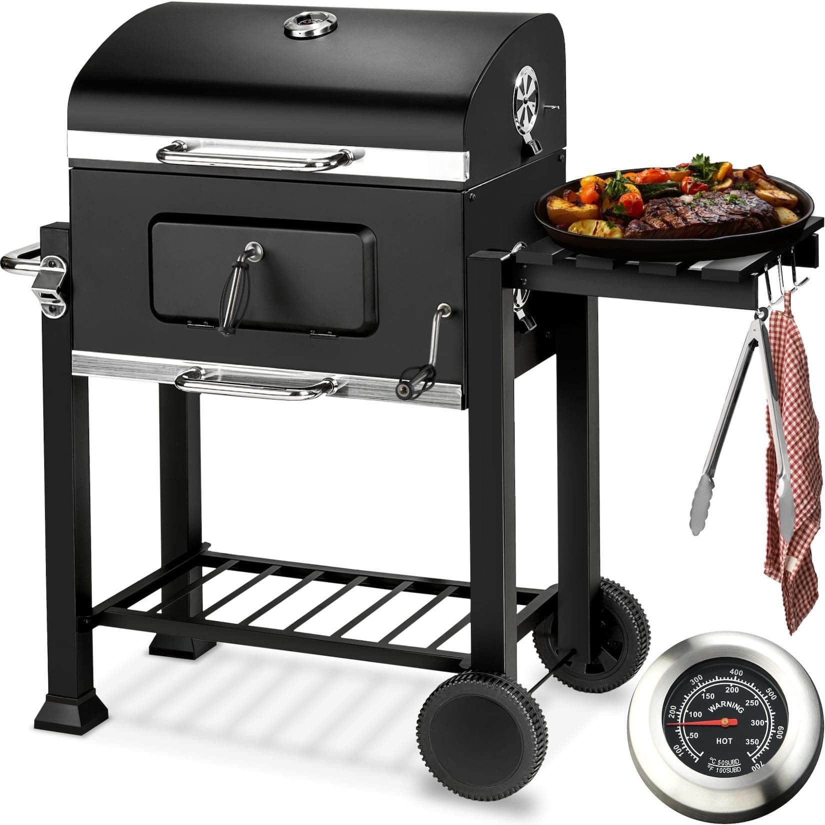 tectake® Holzkohlegrill mit Thermometer und Ascheschublade