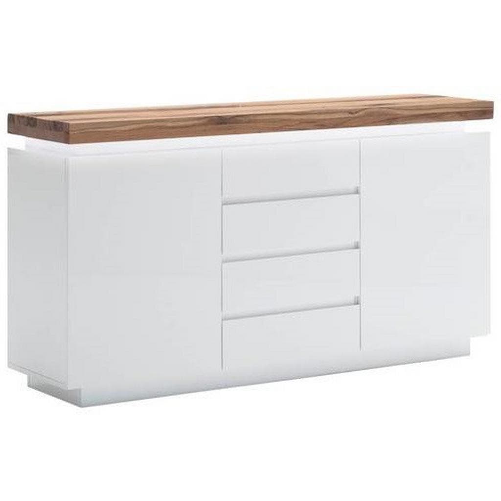 Modernes Sideboard mit dimmbarer LED-Beleuchtung (weiß matt / Eiche massiv)