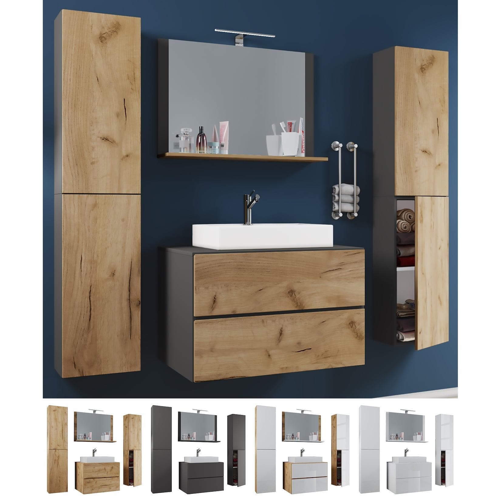 5-teiliges Badmöbelset mit Spiegel, Waschbecken und viel Stauraum
