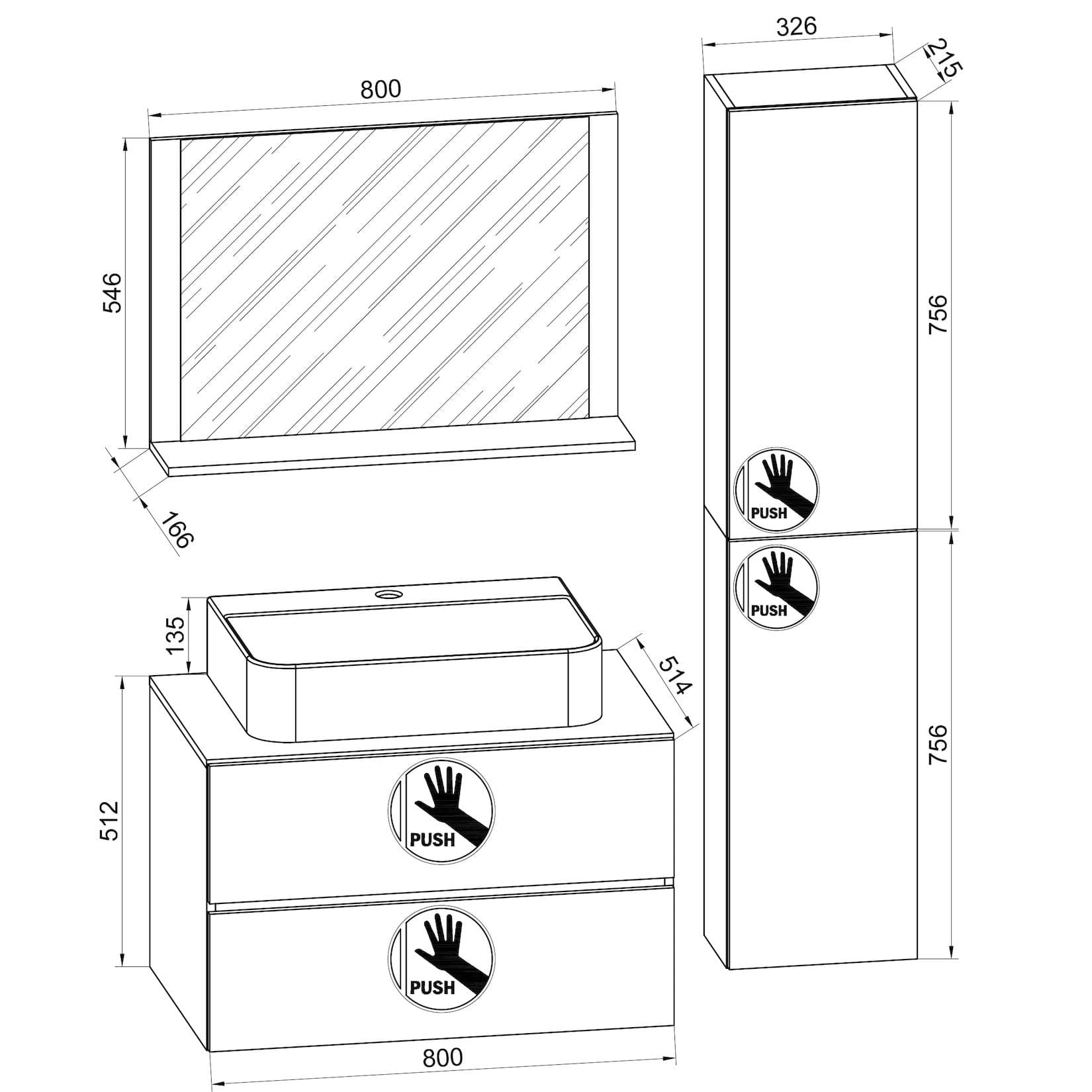 Badmöbel-Set mit Spiegel, Waschbecken und 2 Schubladen
