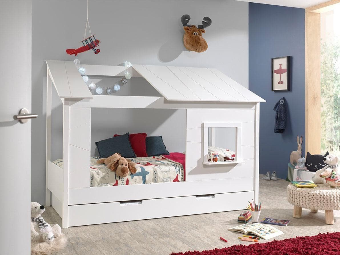 VIPACK Hausbett Kinderbett weiß mit Bettschublade MDF Massivholz