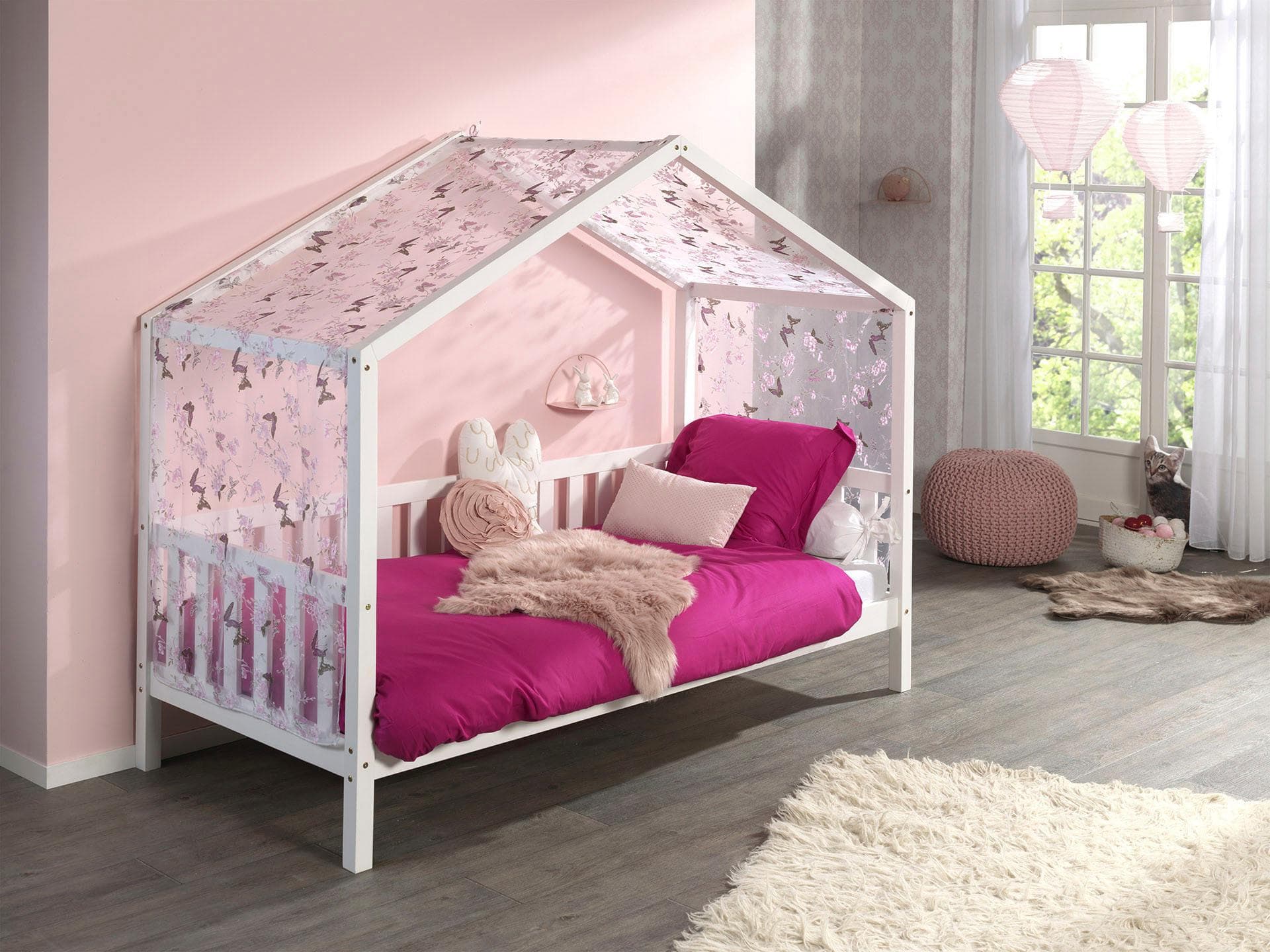 VIPACK Hausbett Dallas mit Dachaufbau Weiß Kiefer massiv
