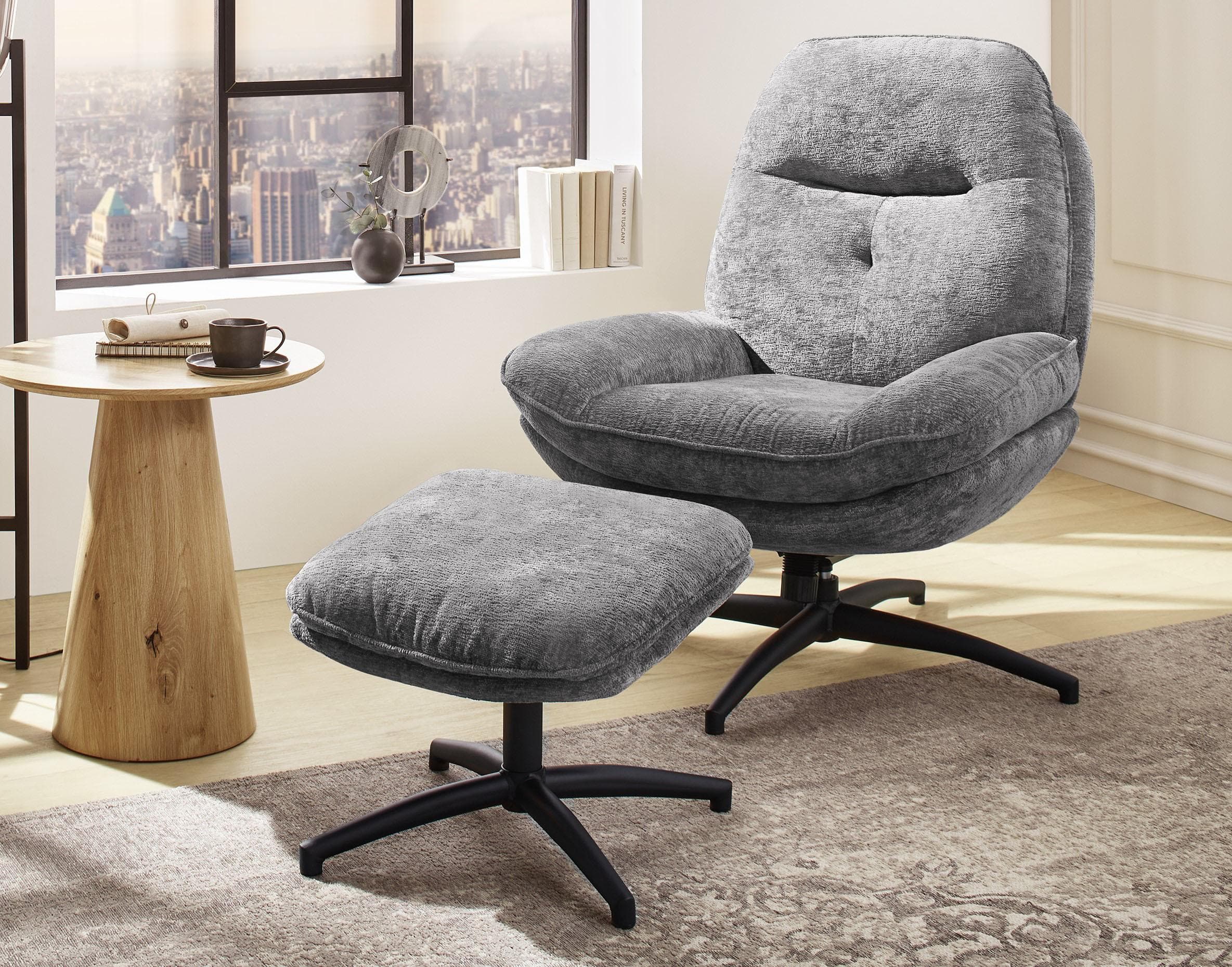 Jockenhöfer Gruppe Relaxsessel Stuart Grau mit Hocker, 360° Drehfunktion