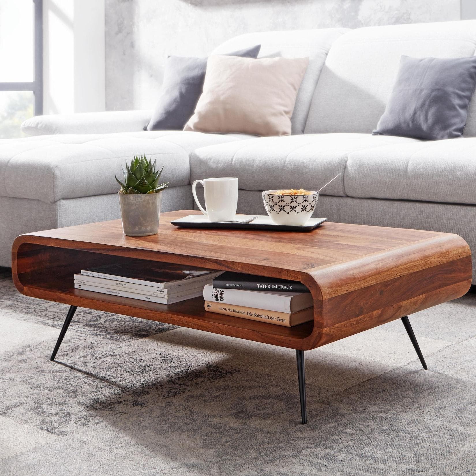 FineBuy Couchtisch Sheesham Massivholz Retro Design Ablage