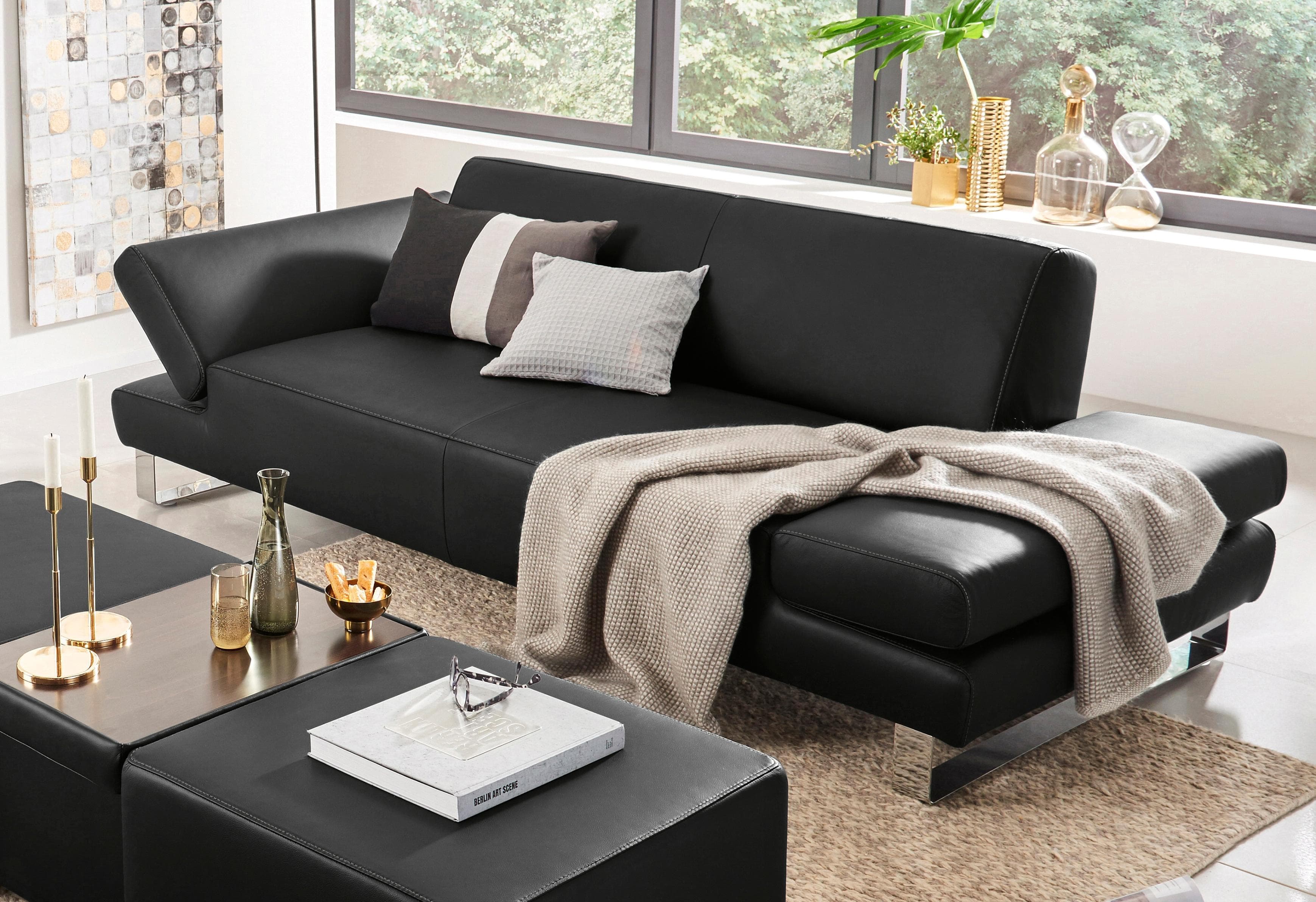 W.SCHILLIG Taboo 3-Sitzer Sofa Grau Leder mit Armlehnenverstellung