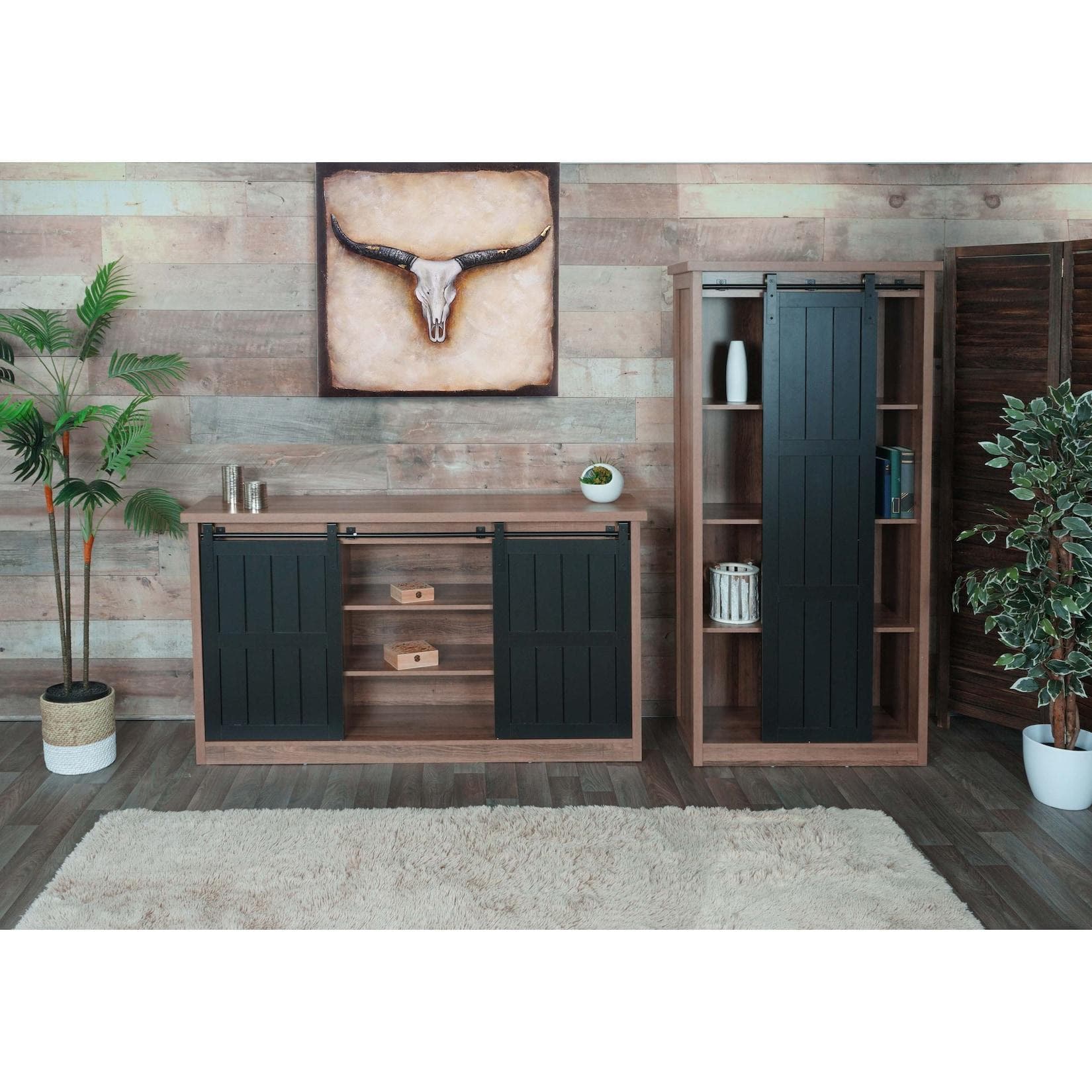 Wohnzimmerset MCW-K75 Schrank und Sideboard Holz-Optik Industrial Metall Braun