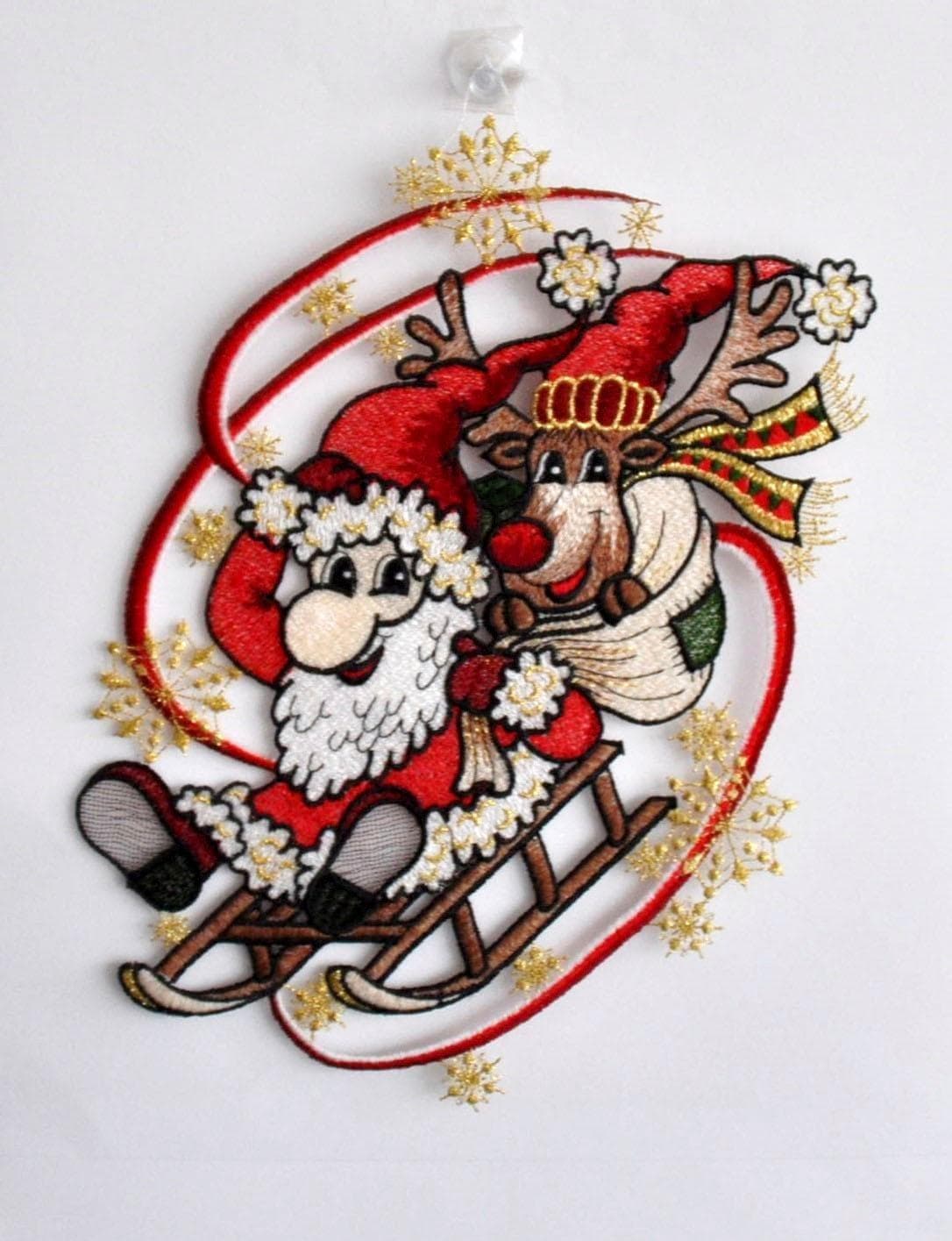 Fensterbild STICKEREIEN PLAUEN Weihnachtsmann mit Schlitten Bunt Polyester