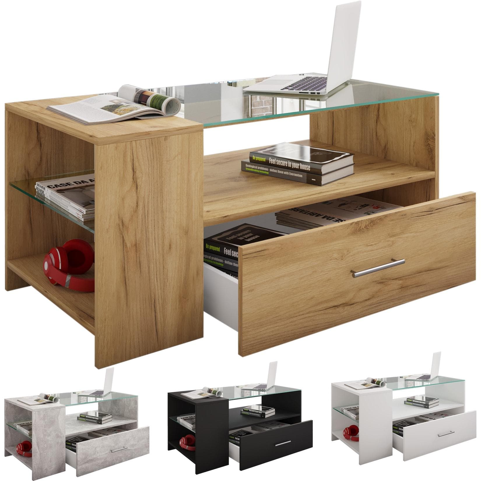 VCM Couchtisch Tindala Schwarz mit Schublade und Glasplatte