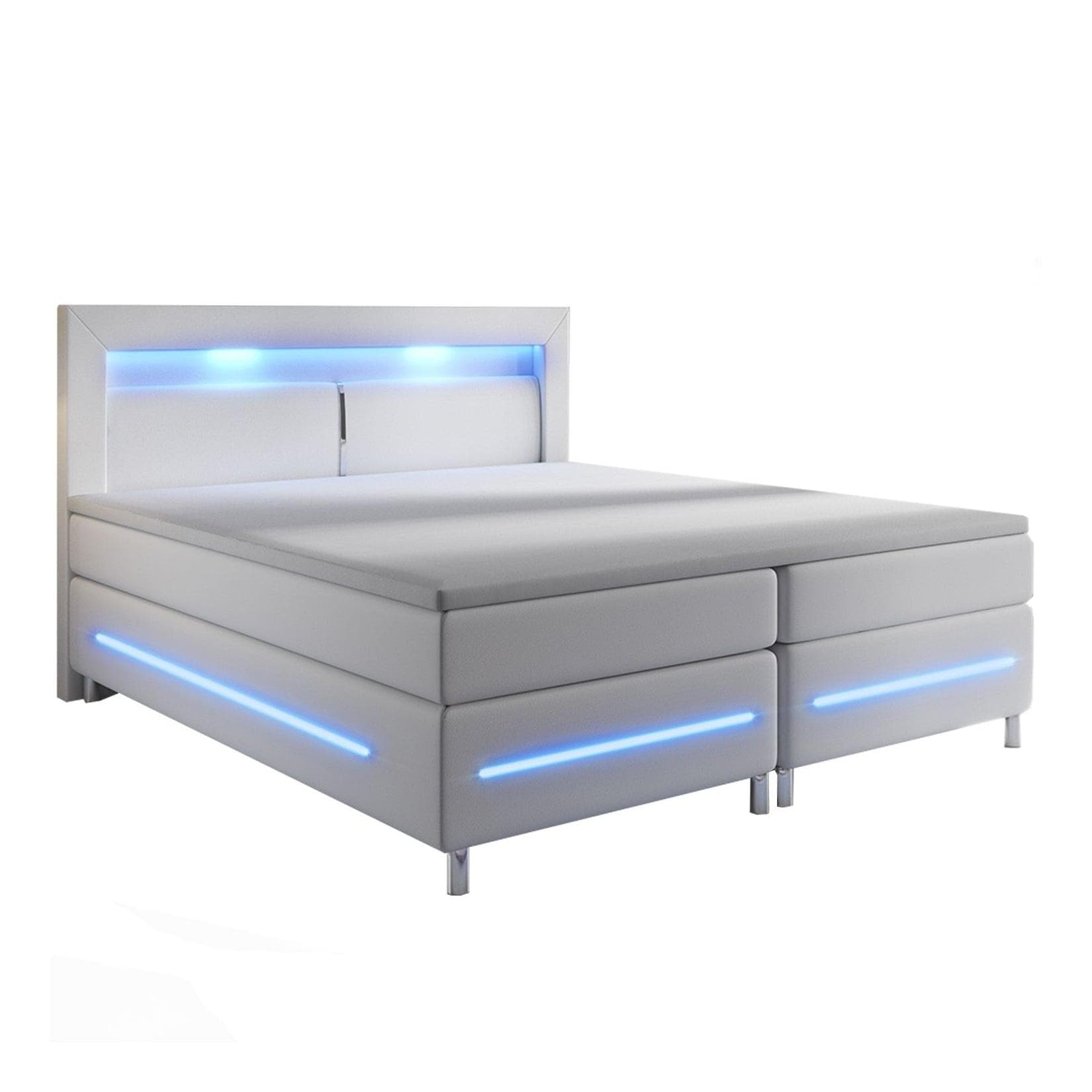 Juskys Boxspringbett Norfolk Weiß mit LED Beleuchtung und Topper