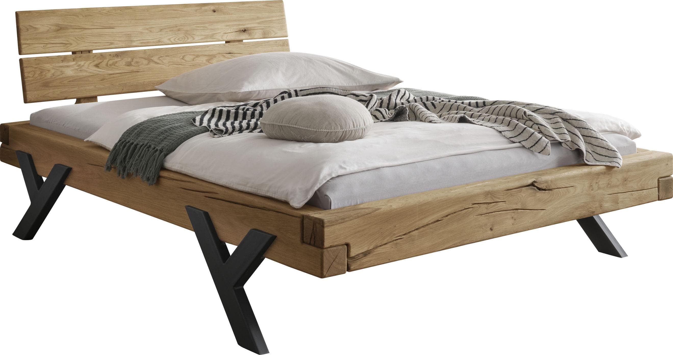 HOME AFFAIRE Ultima Balkenbett Massivholz Eiche Metallfüße