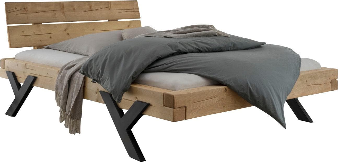 Massivholzbett mit Balkenoptik und Y-Metallbein