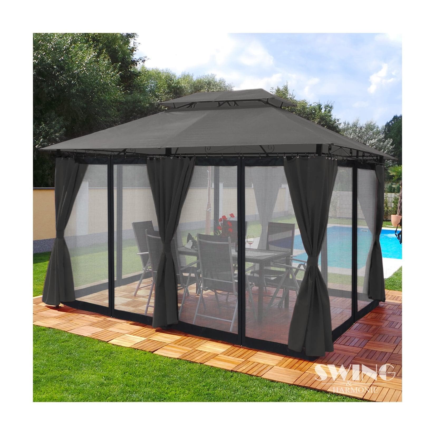 Swing&Harmonie Luxus LED Pavillon 3x4m Minzo Anthrazit mit LED & Solarmodul