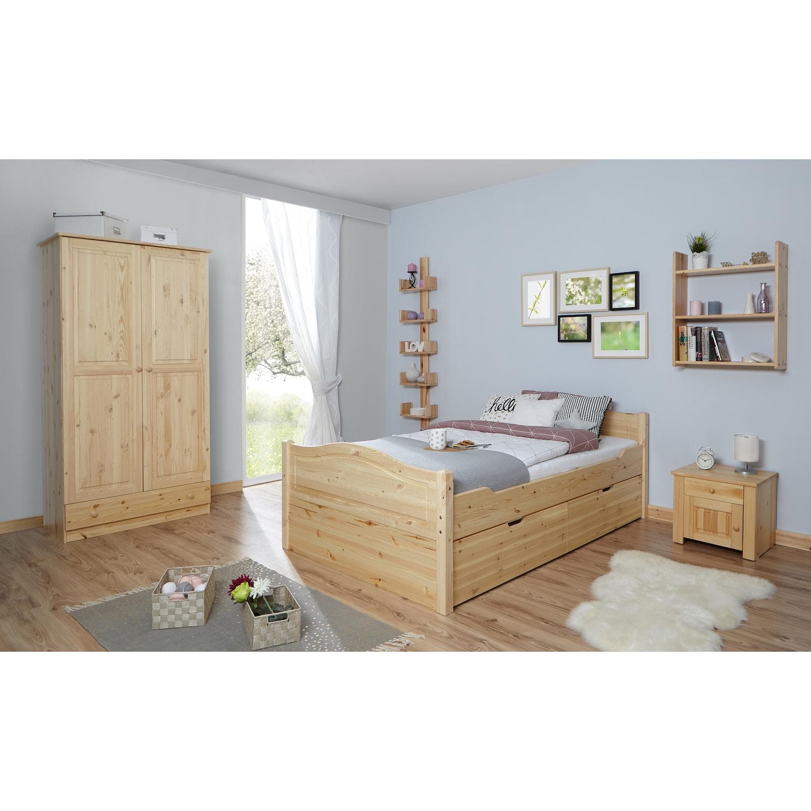 Ticaa Doppelbett "Leni" 140x200 mit 2 Schubkästen Kiefernholz