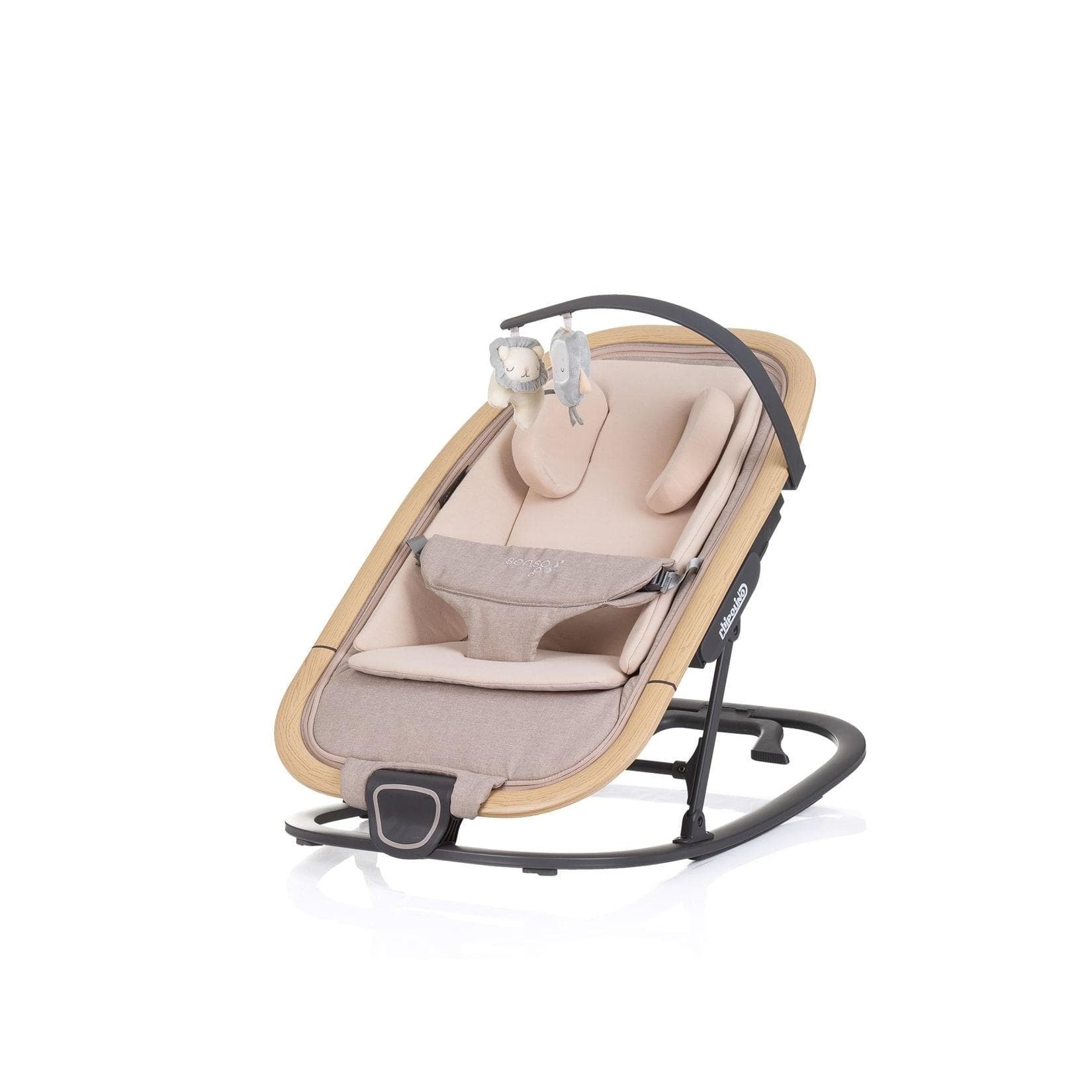 Chipolino Babywippe Senso Holzoptik mit Spielbogen, Kopfstütze & 3-Punkt-Gurt, faltbar beige