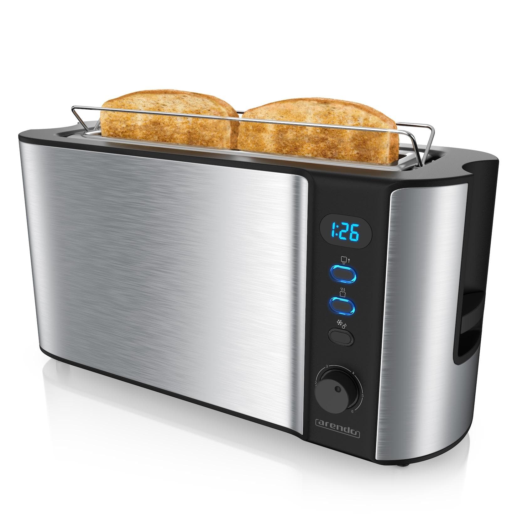 Arendo Toaster Langschlitz 2 Scheiben 1000 W Brötchenaufsatz Wärmeisoliert Display Edelstahl