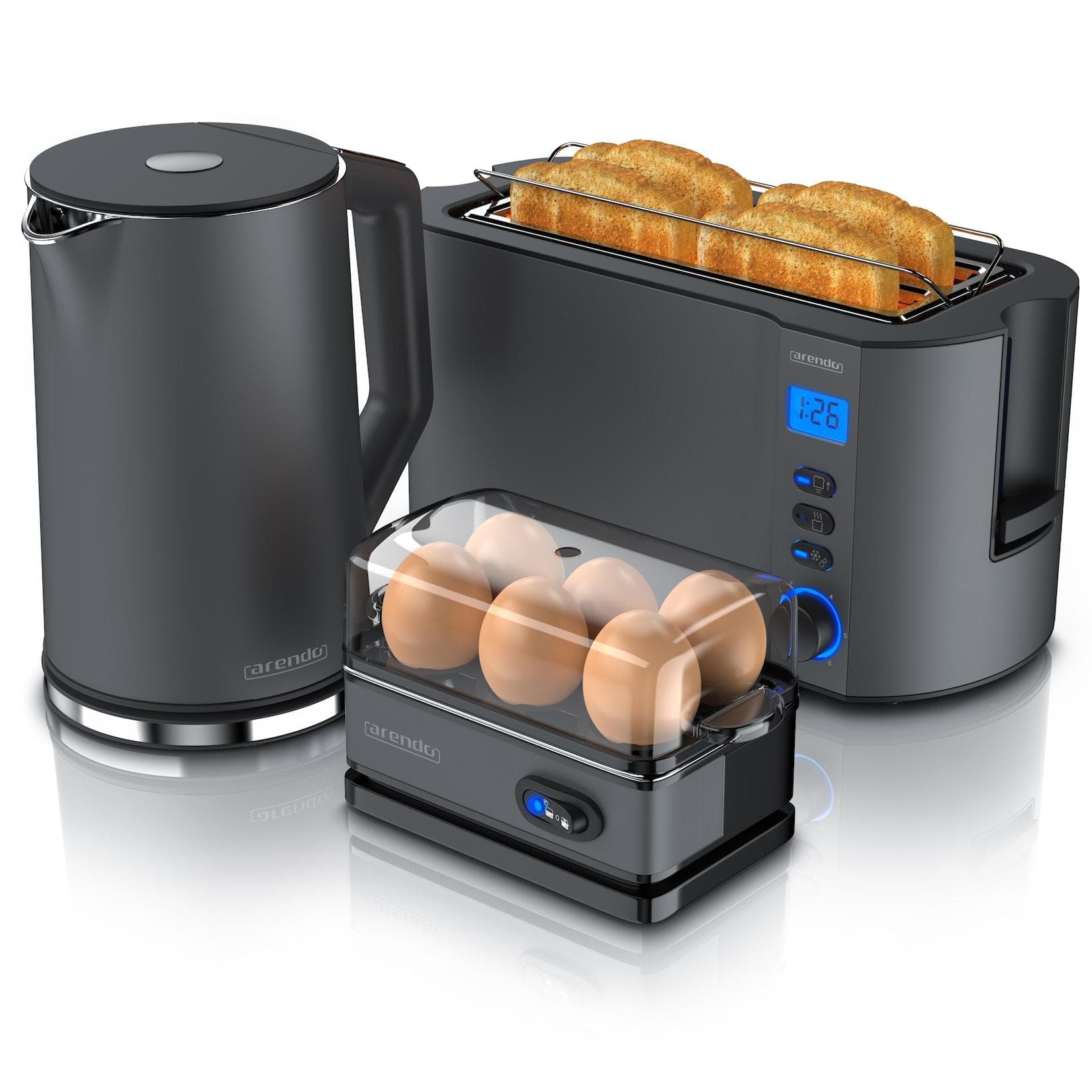 Arendo 3-teiliges Frühstücksset Grau - Wasserkocher, Toaster, Eierkocher