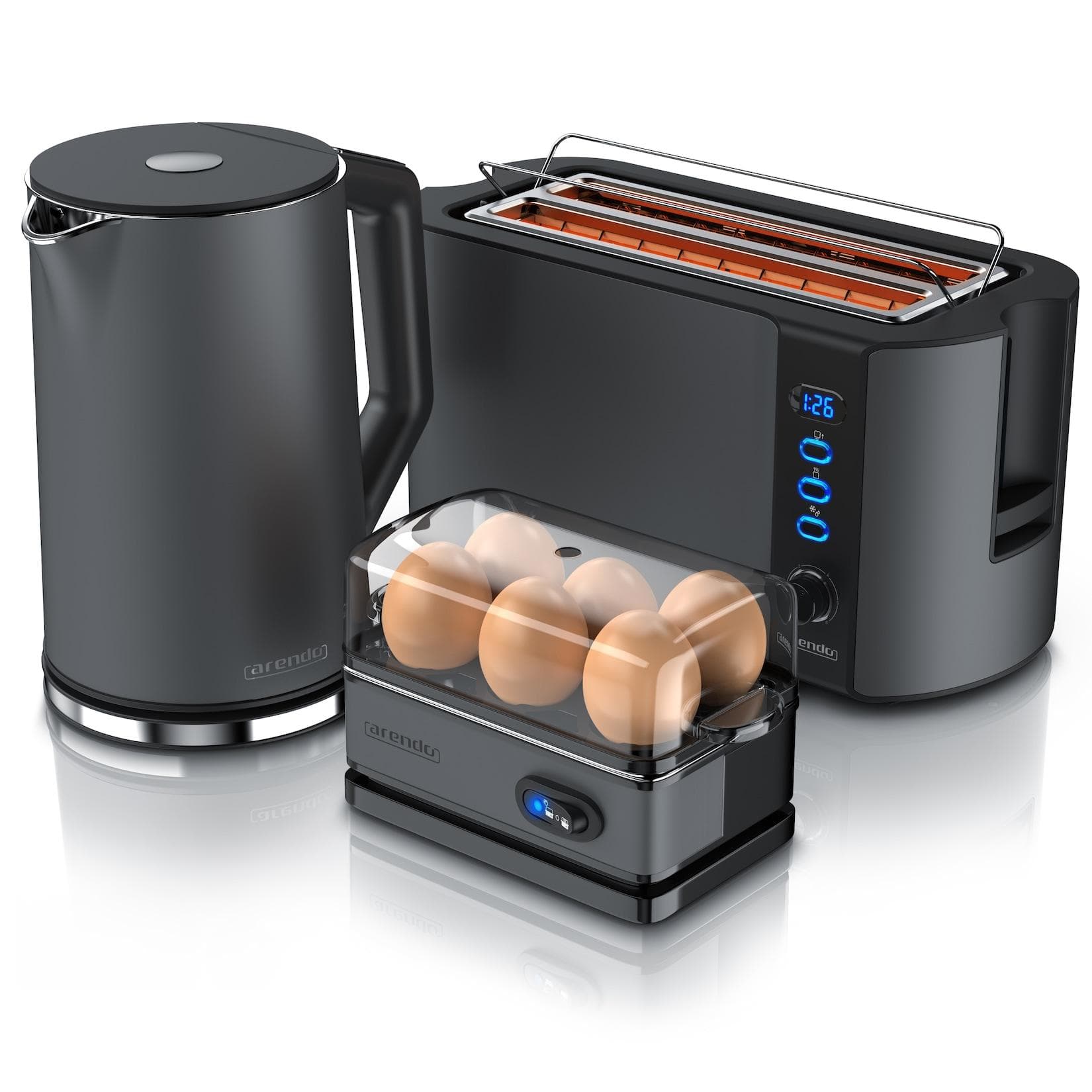 Arendo Frühstücksset 3-teilig Wasserkocher 1,5l Toaster 4-Scheiben Eierkocher 6er Grau