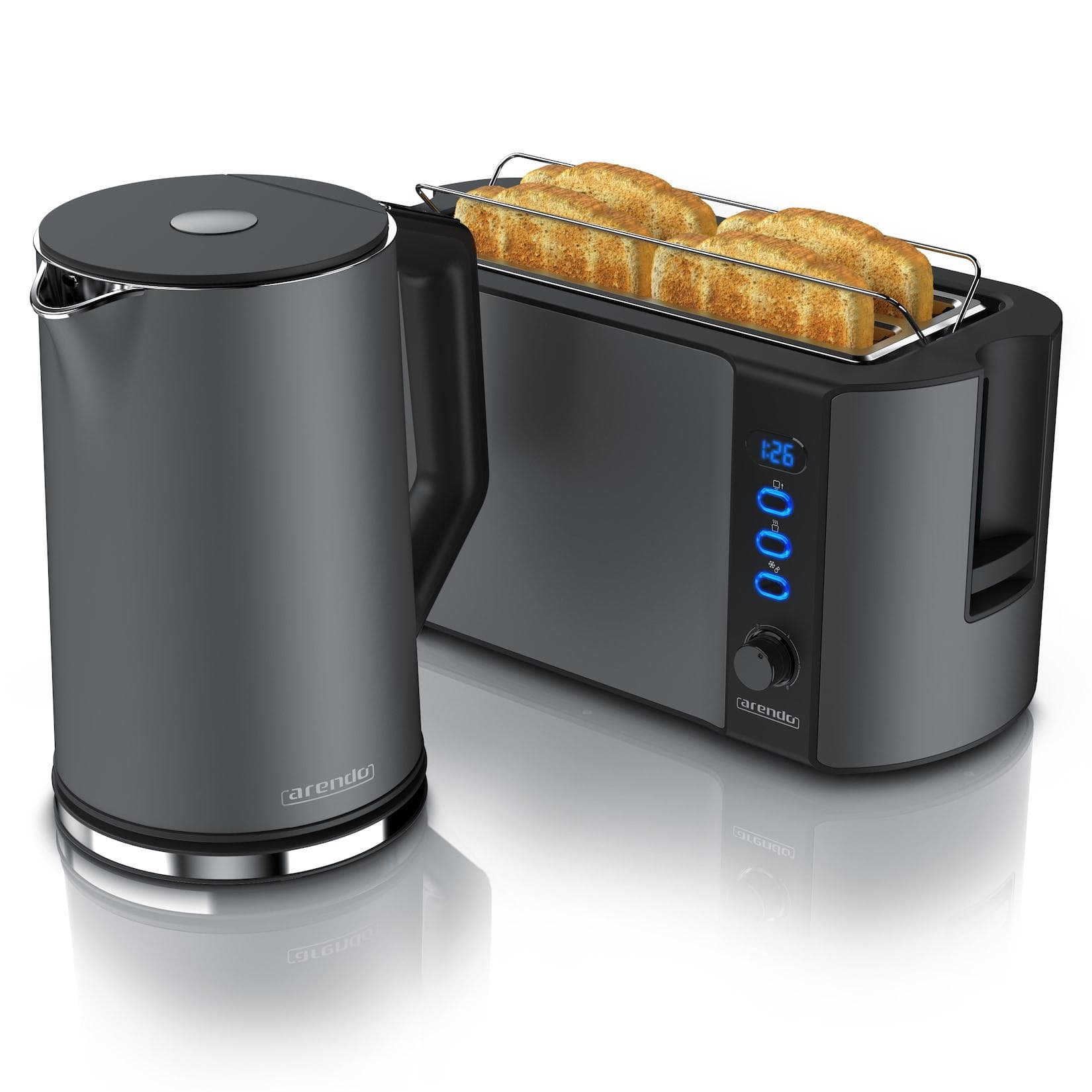 Arendo 2-teiliges Frühstück-Set Grau: Wasserkocher 1,5L & Toaster