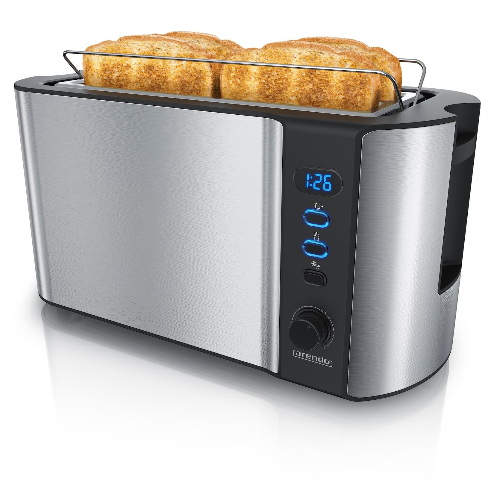 Arendo Toaster 4-Scheiben 1500W Langschlitz Wärmeisoliert Brötchenaufsatz Display Silber/Schwarz