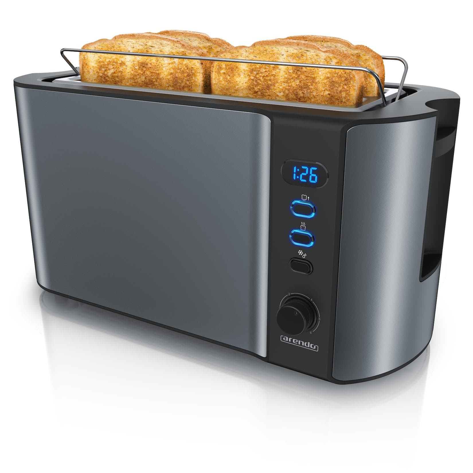 Arendo Toaster für 4 Scheiben Langschlitz 1500W mit Display, Doppelwandgehäuse, Brötchenaufsatz, Auftaufunktion, Grau