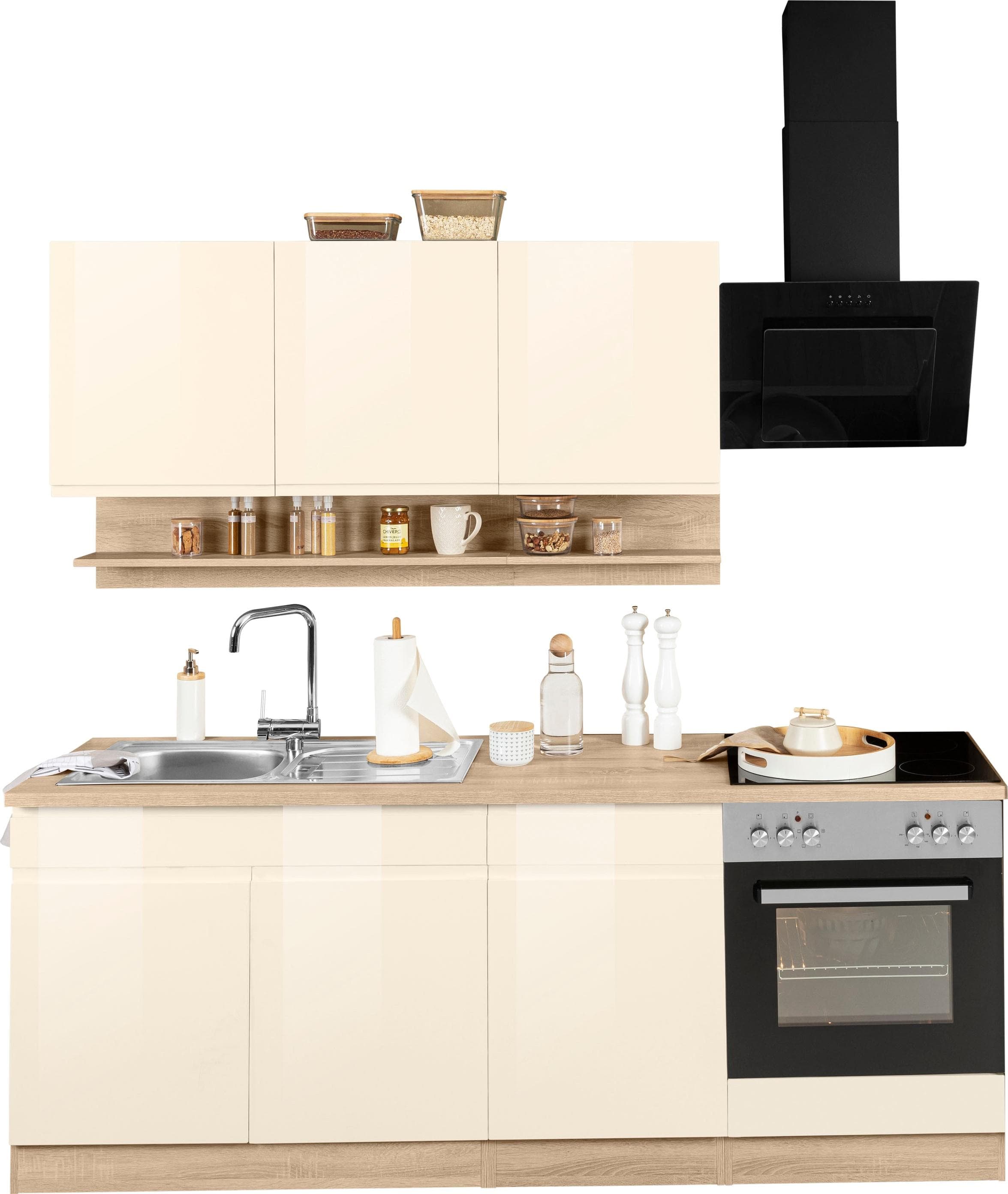 Küchenzeile KS-Virginia 210cm Creme Hochglanz Eiche Sonoma