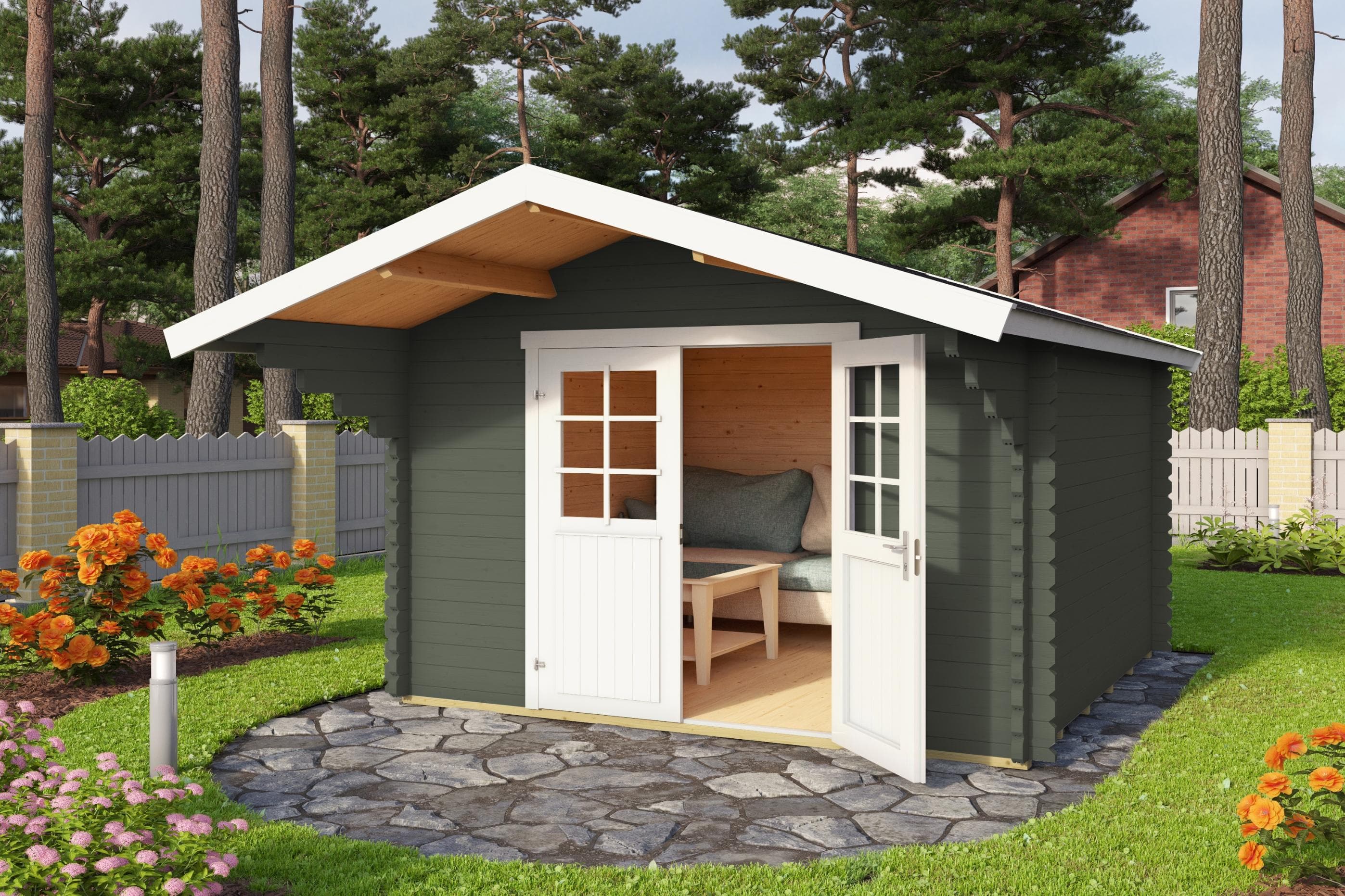 Gartenhaus Viljandi 34 von Nordic Holz, Grüngrau, Blockbohlensystem