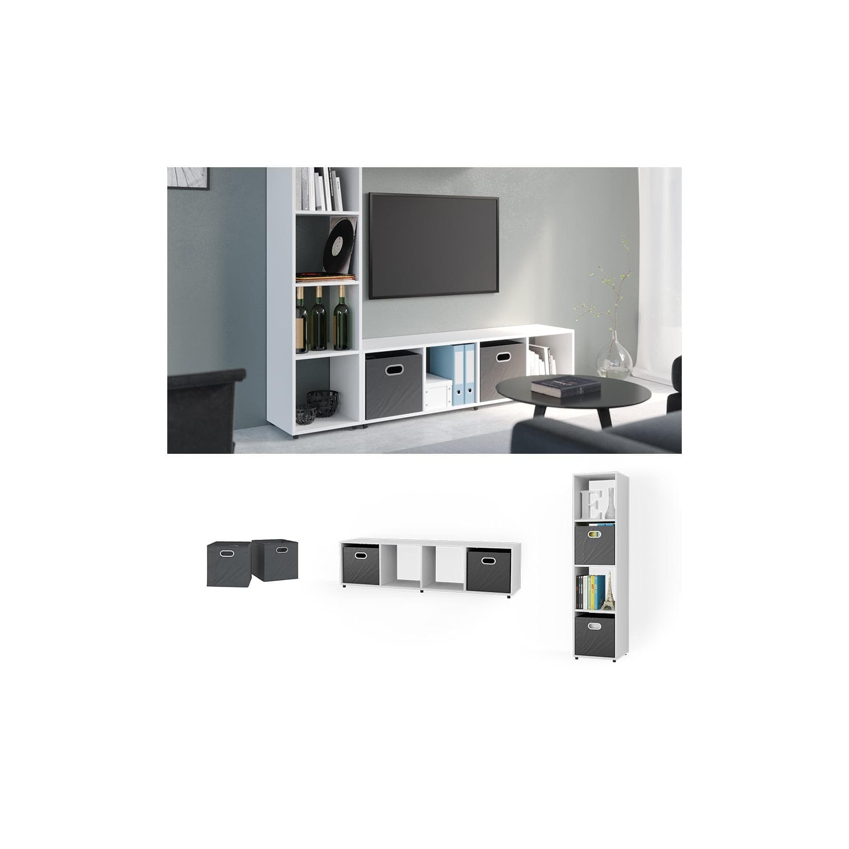 Weißer Raumteiler mit Faltboxen (Anthrazit)