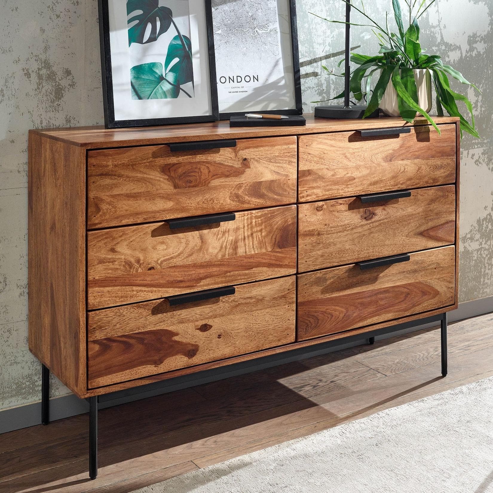 Massivholz Kommode 120cm Sheesham 6 Schubladen Schwarz
