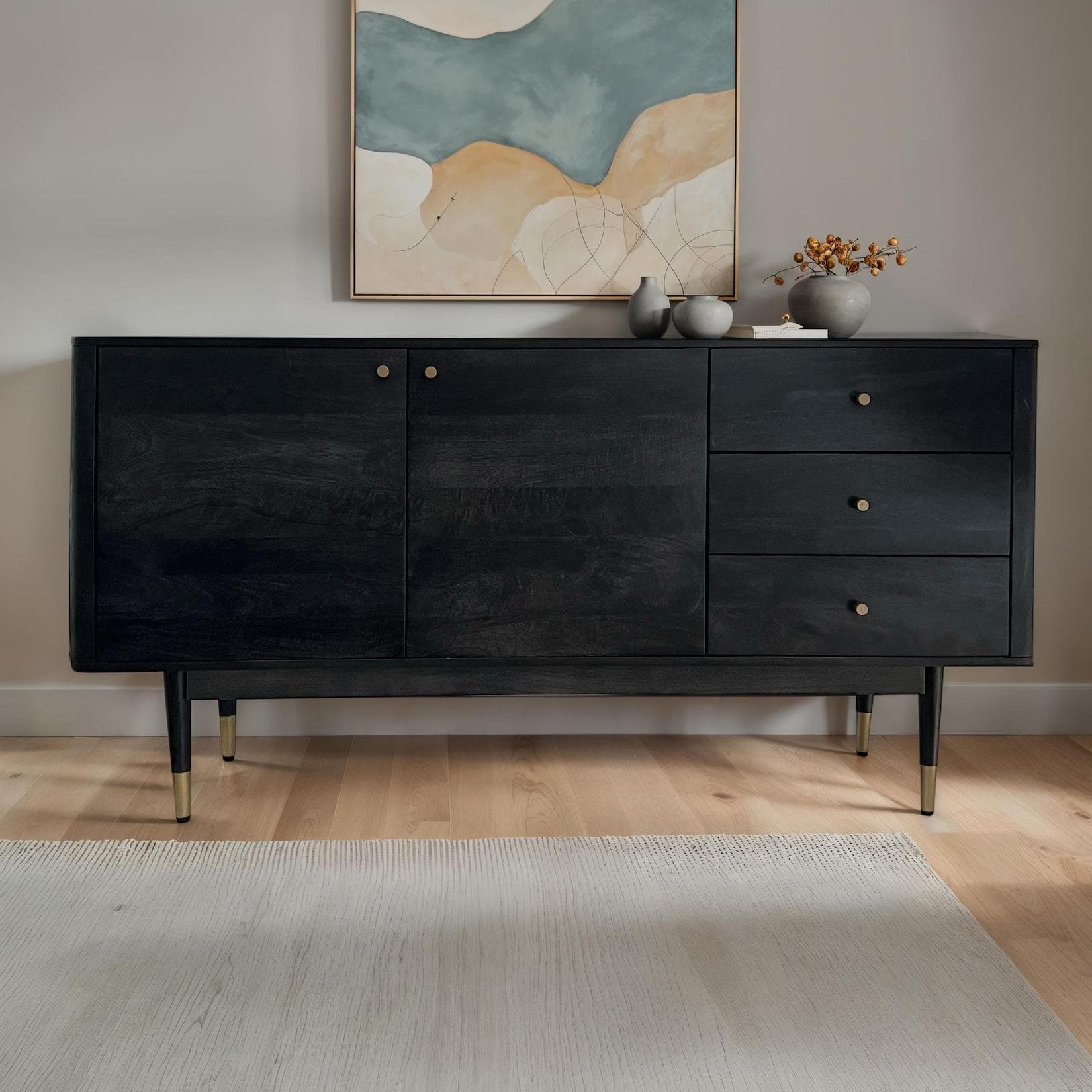 FineBuy Sideboard Anrichte 160 cm Massivholz Schwarz