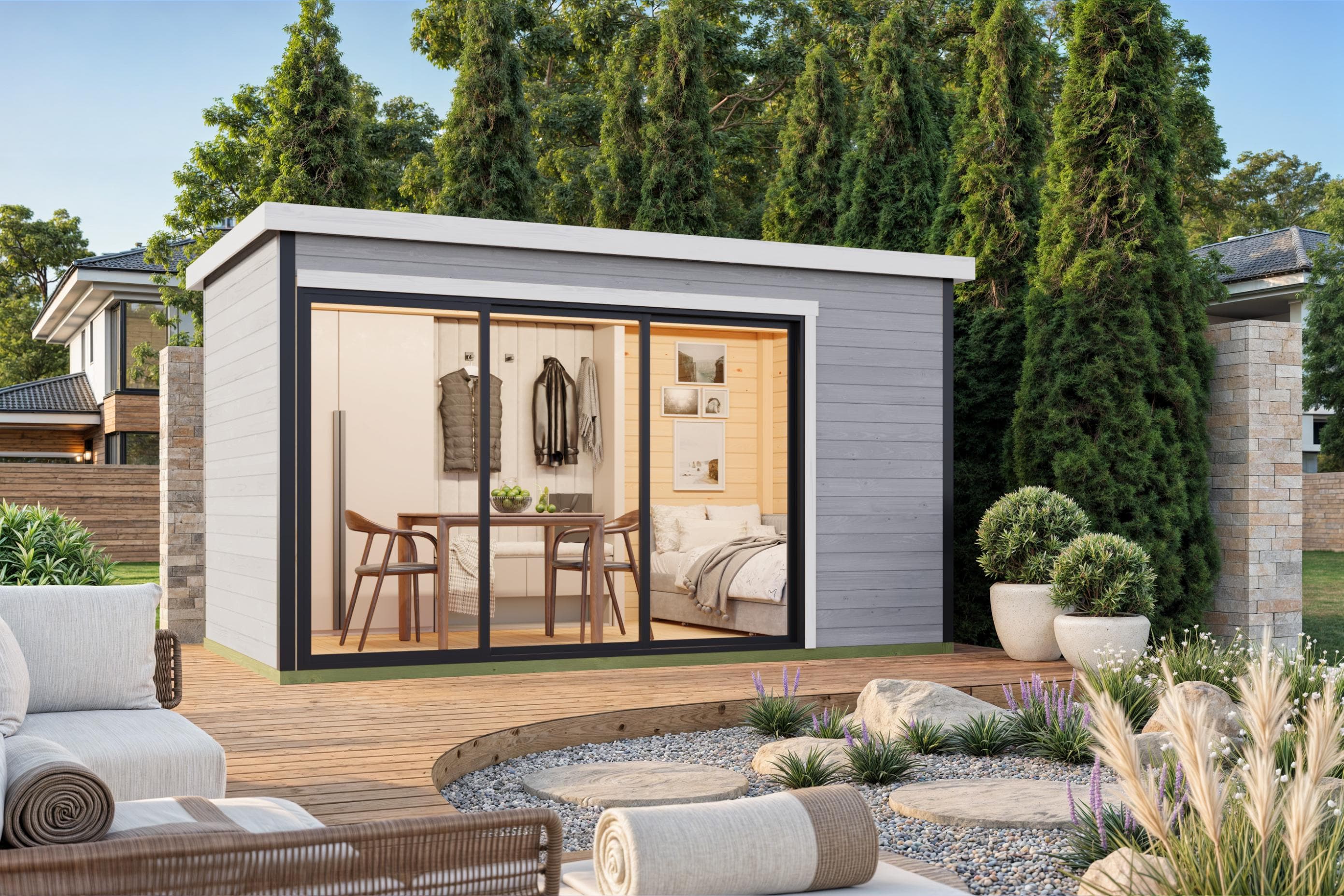 Gartenhaus NORDIC HOLZ "AUSTIN 4" grau Blockbohlenbauweise