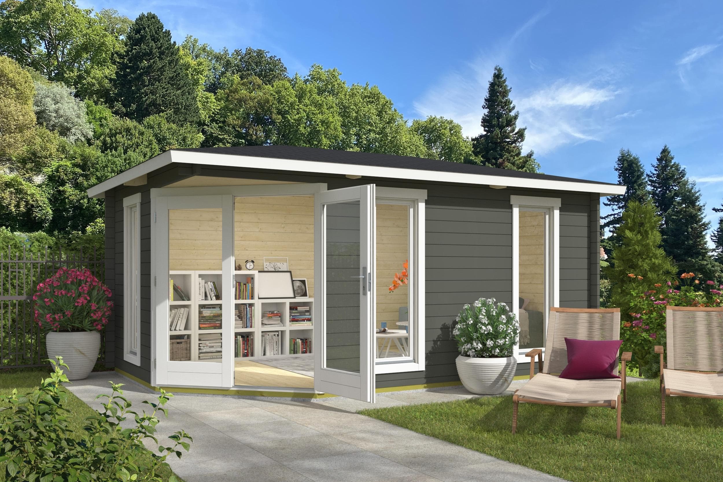 Nordisches Gartenhaus aus Massivholz, Fichte, Grüngrau/Natur, 240x240x240cm