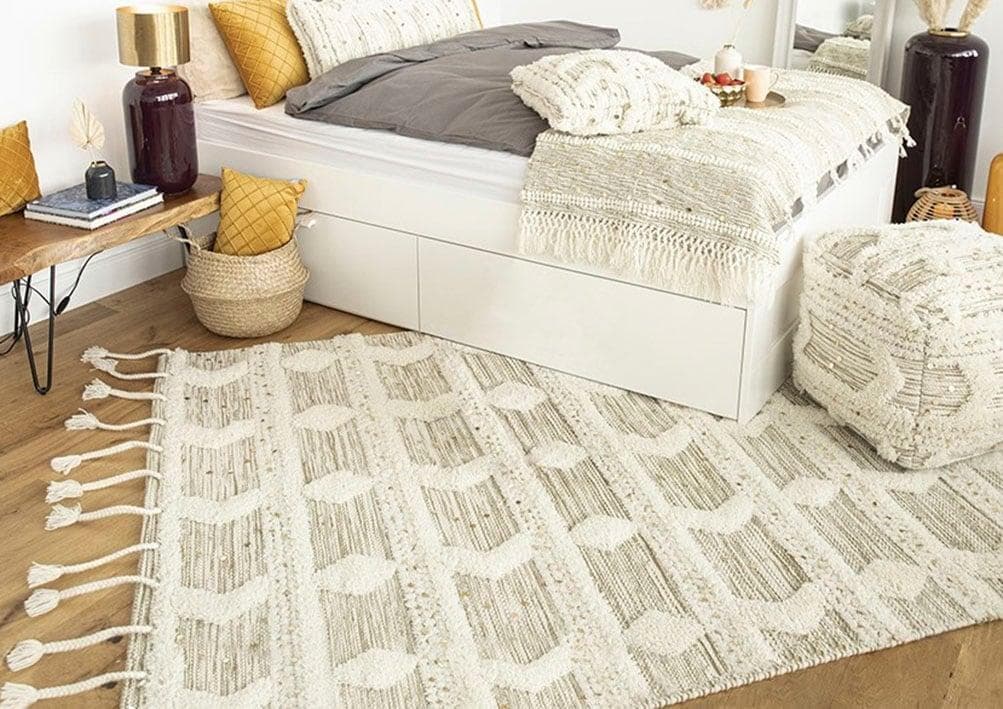 ME GUSTA Wollteppich Boho Ethno Beige Handgewebt Hoch-Tief-Struktur