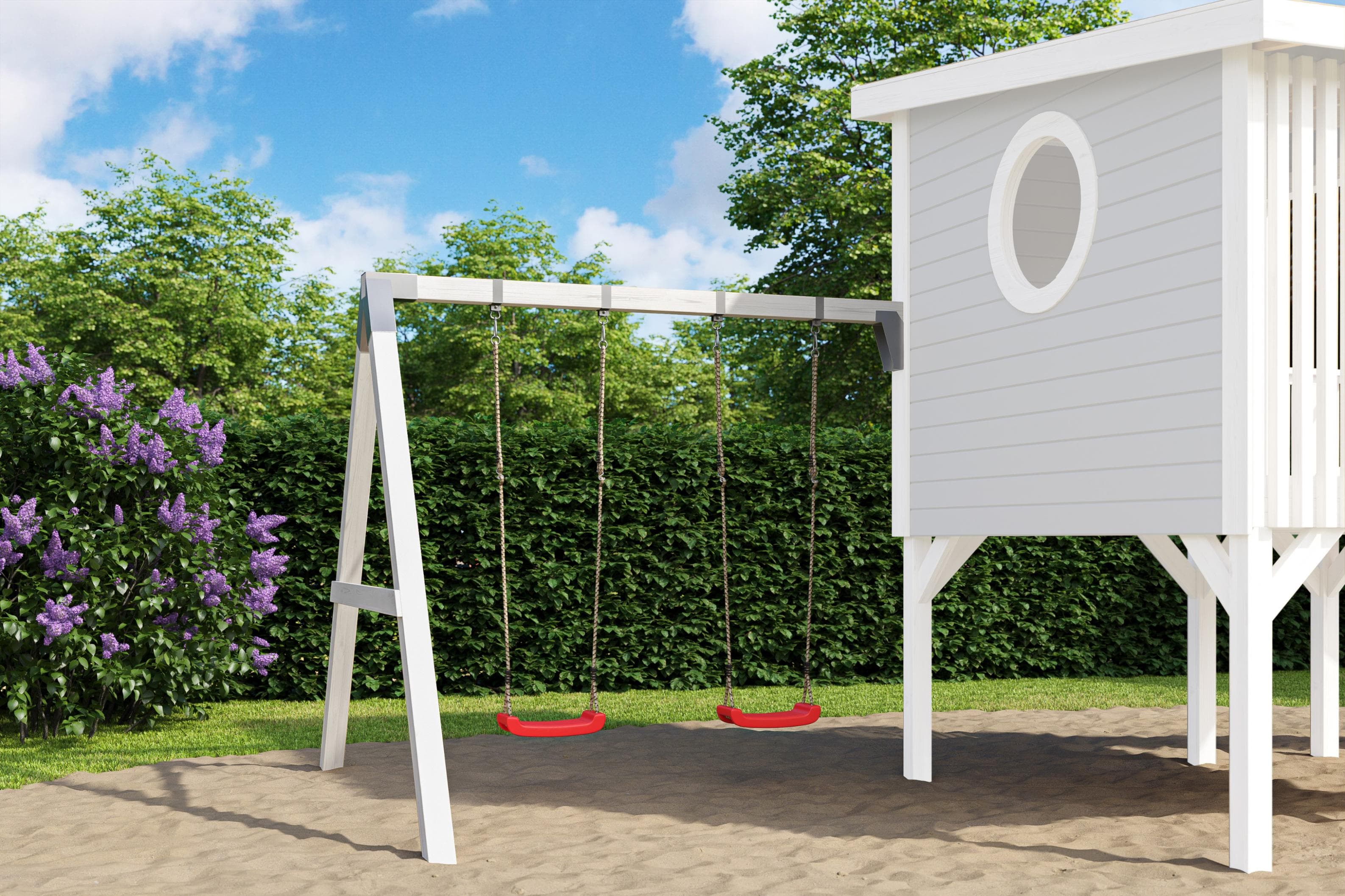 Doppelschaukel aus massivem Fichtenholz, weiß, skandinavischer Stil