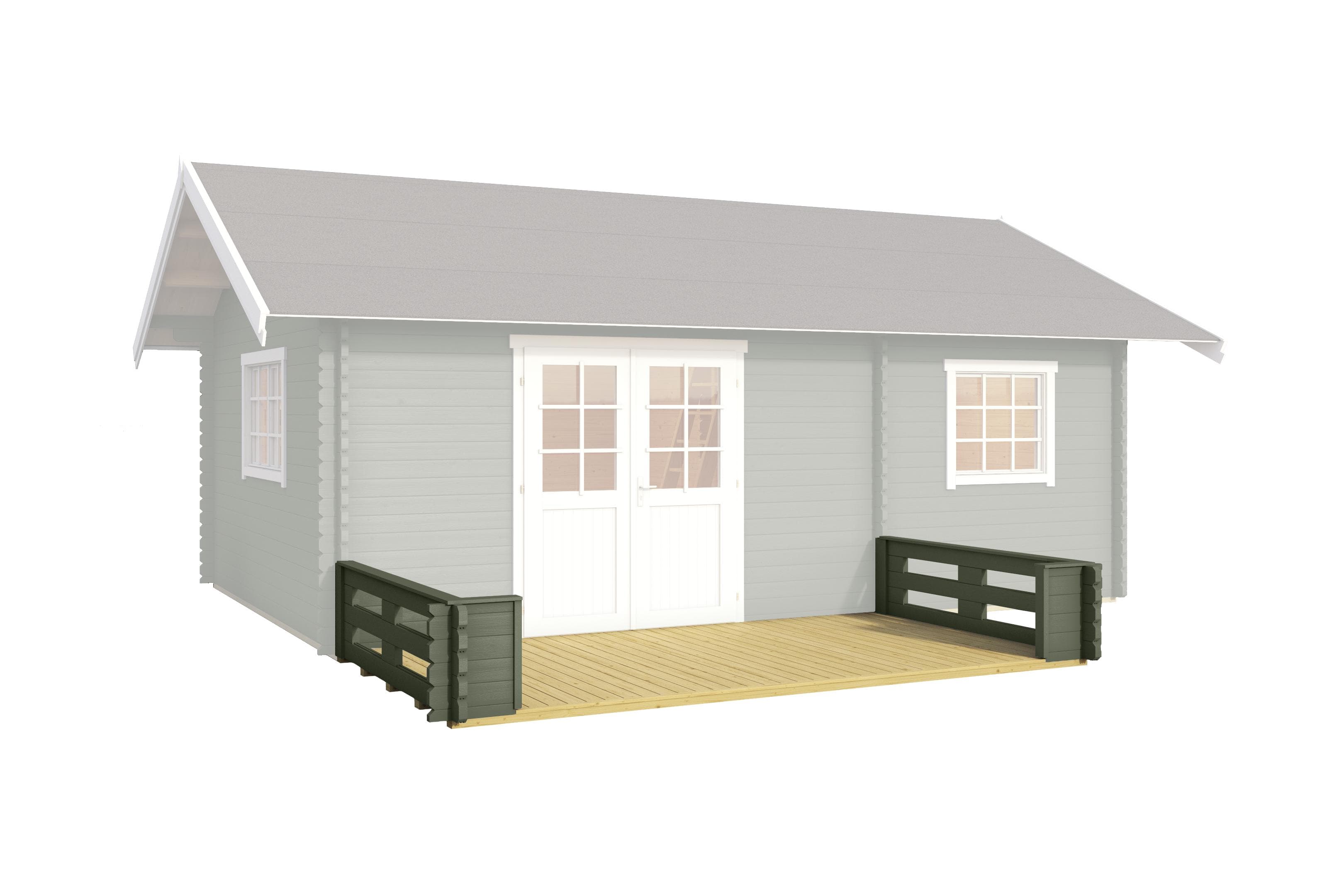 Terrasse aus Holzwerkstoff und Fichte in Grüngrau