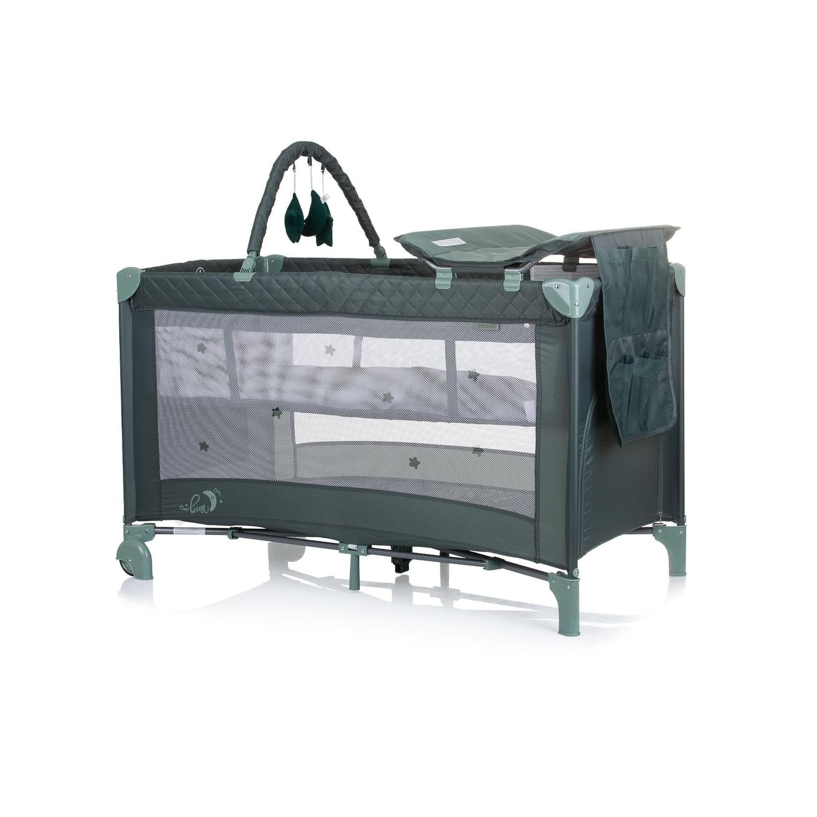 Chipolino Reisebett Luna 2-Ebenen Wickelauflage Spielbogen Grün
