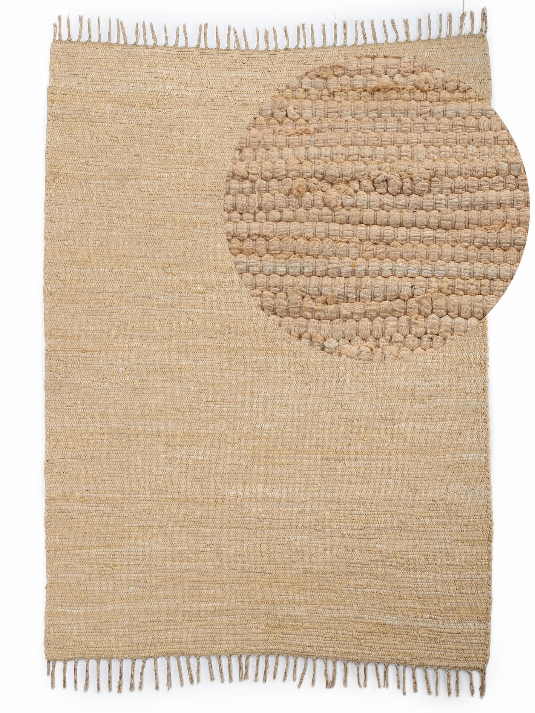 CARPETFINE Kelim Chindi Uni Teppich Beige Handgewebt Wendeteppich
